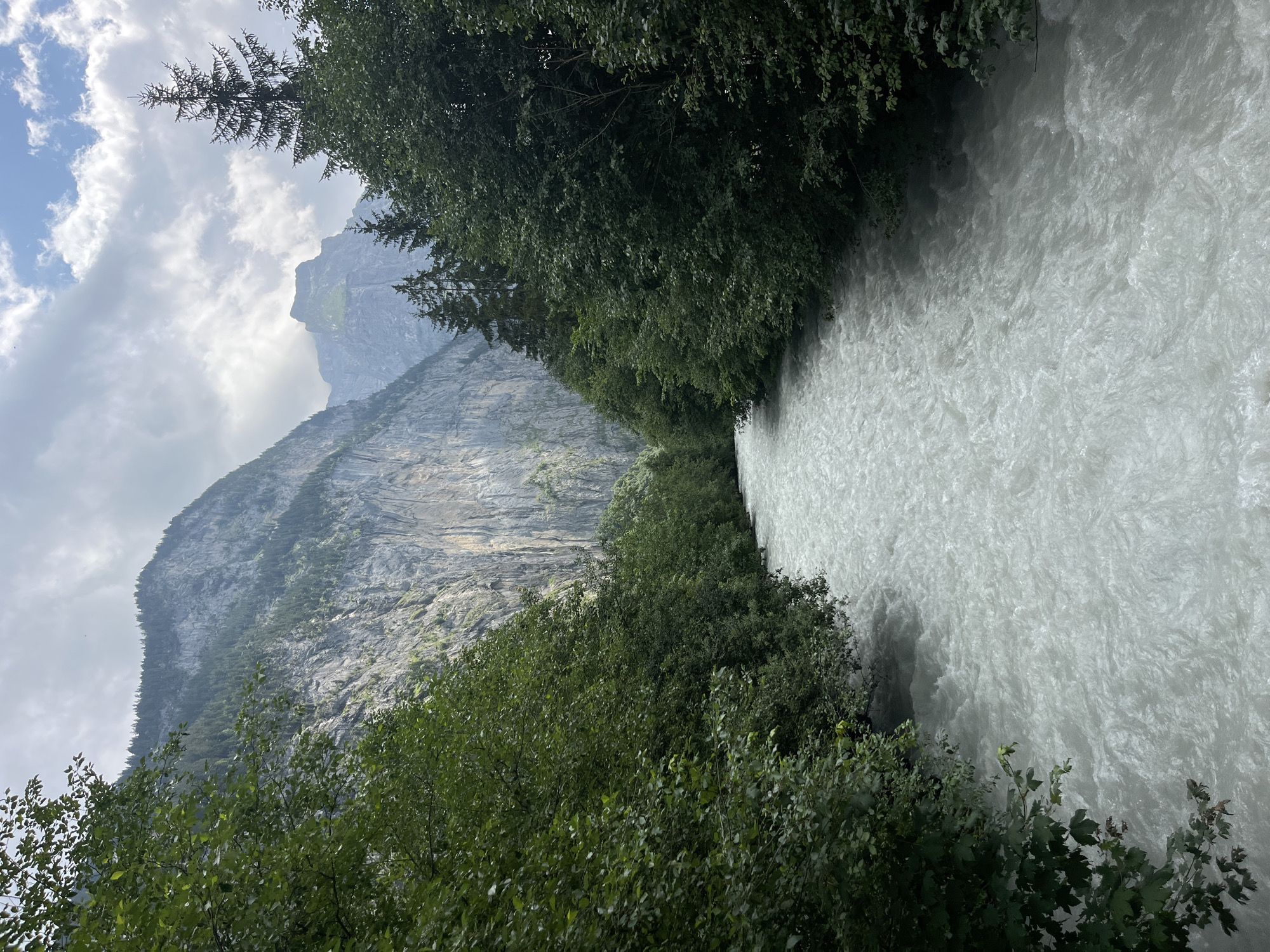 A rushing, milky-white river flows through a narrow valley flanked by dense green trees. Beyond the trees, towering, steep, grey rock faces rise dramatically towards a cloudy sky. The mountains are partially covered in dark green coniferous trees, and a few jagged peaks are visible in the distance. The overall impression is one of a wild and majestic natural landscape, likely in the Swiss Alps.