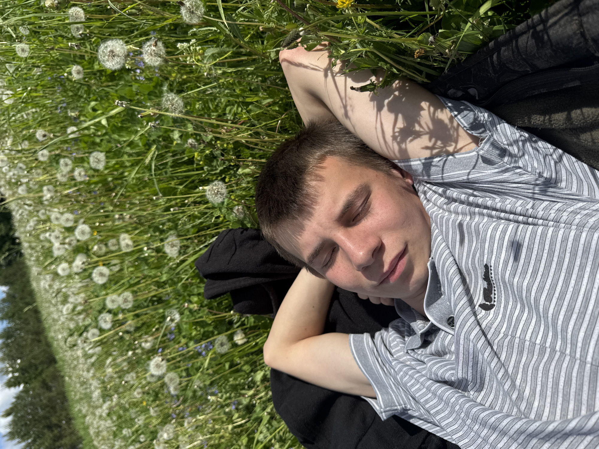 A young man is lying on a field of grass and dandelions. He is fair-skinned with short brown hair and closed eyes. He is wearing a striped gray and white short-sleeved collared shirt and resting on a black jacket. The location is a field in Дойная, Russia. The sun is shining, casting shadows of vegetation on the man's arm. The field extends into the distance with scattered trees on the horizon.