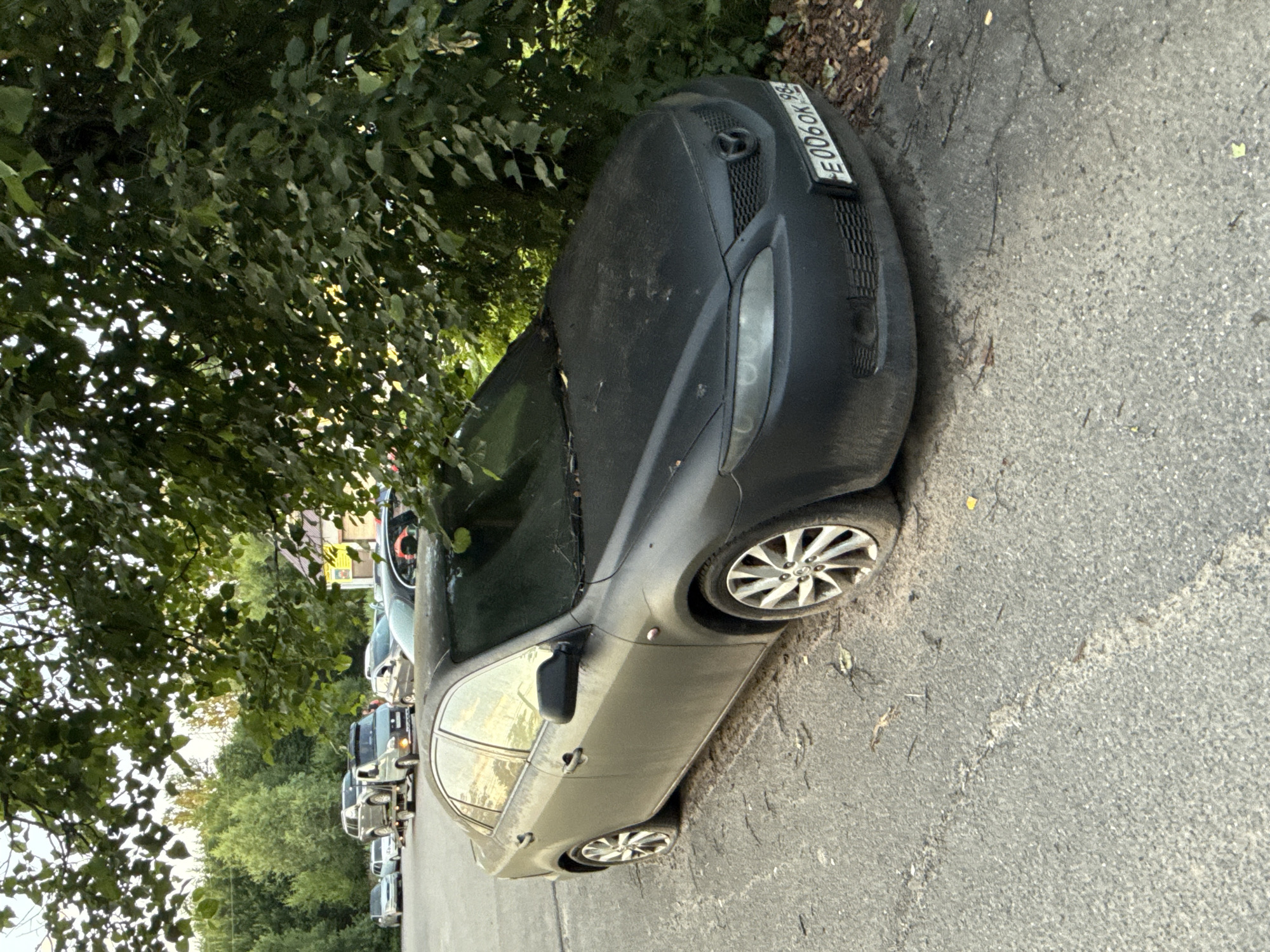 A dark grey Mazda sedan is parked on an asphalt surface under the shade of a large tree with green leaves. The car's license plate reads "E 006 OK 98". In the background, several other vehicles are visible, including a tow truck carrying an SUV, suggesting a parking area or a roadside scene in Pargolovo, Russia. The ground is covered with some fallen leaves. The lighting suggests it is daytime, possibly late afternoon.