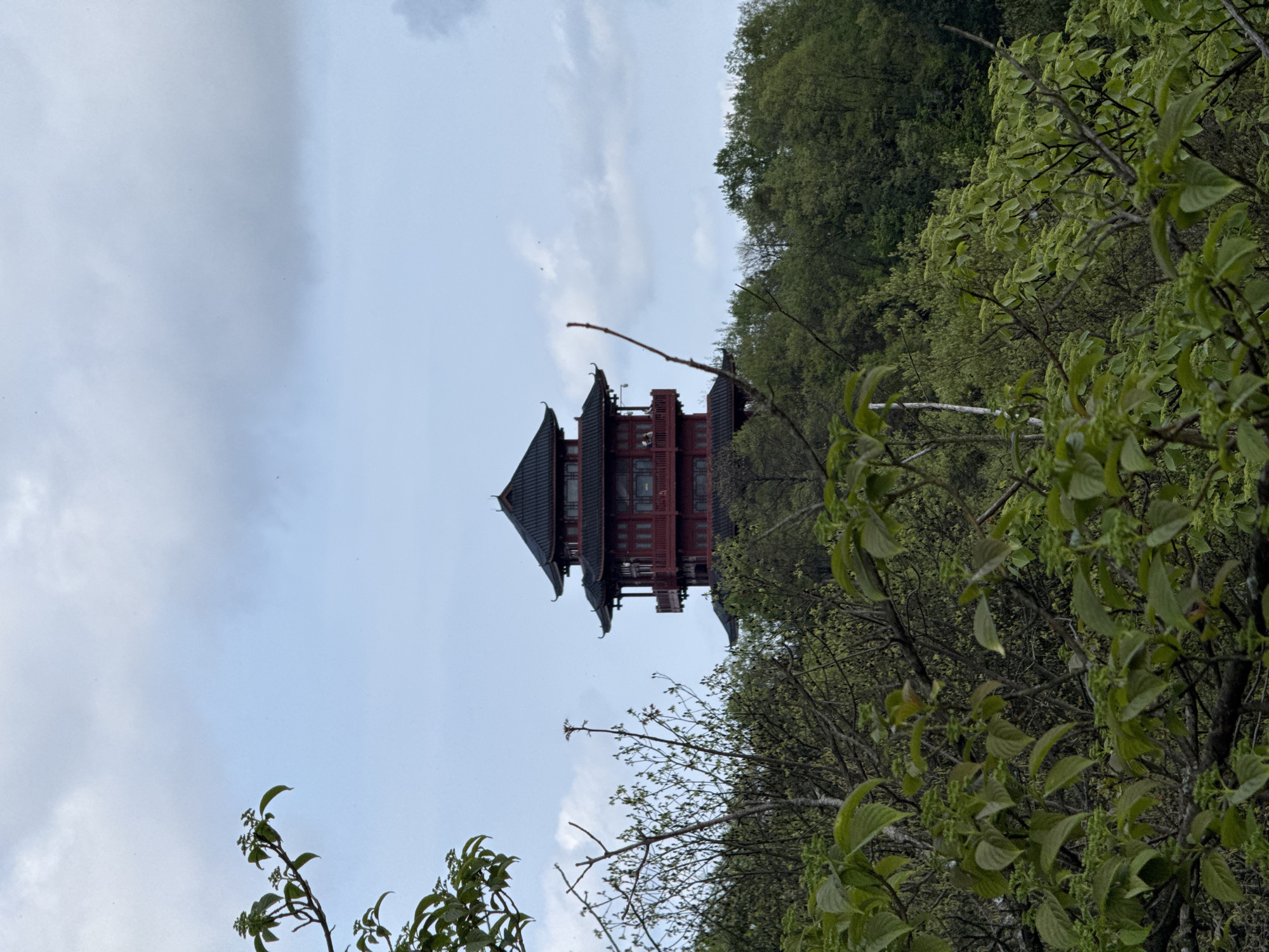 The image shows a traditional Chinese pagoda structure situated on a hillside in the city of Wulingyuan, China. The building has a multi-tiered roof with dark tiles and red supports. It is surrounded by lush green trees and foliage, with some branches appearing in the foreground. The sky is overcast with light gray clouds.