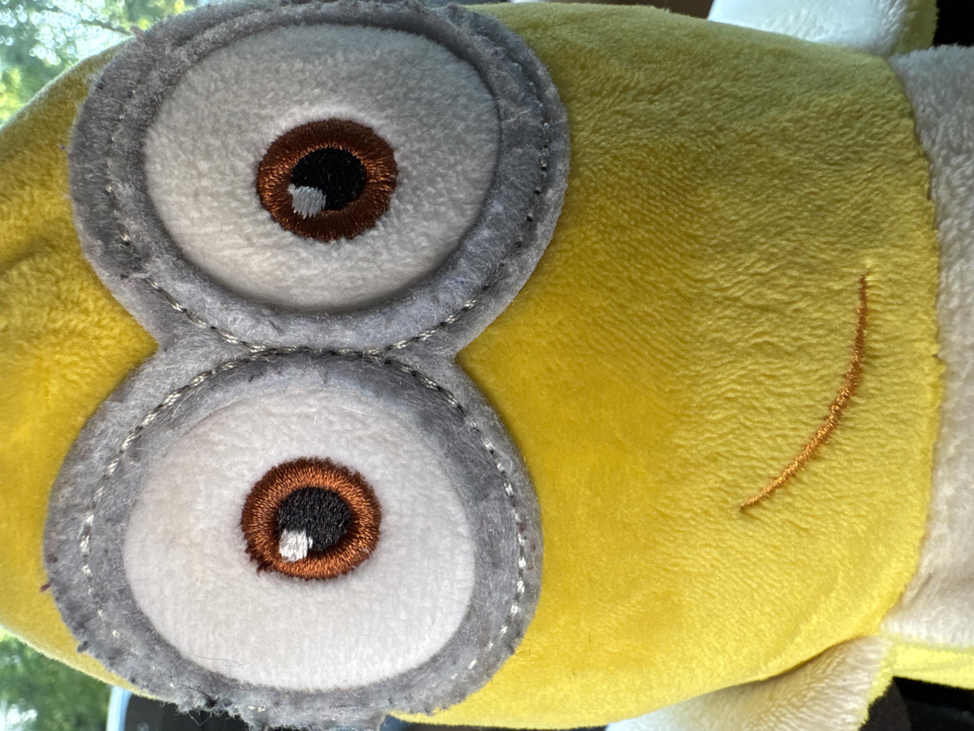 The image shows a close-up of a plush toy resembling a Minion character. The toy has two large, round eyes with grey felt frames and white plush centers. The irises are brown with black pupils and small white reflective dots. The face of the Minion is yellow plush, with a small curved embroidered line indicating a smile. The environment is indistinct but seems to be indoors. There is no information to indicate it is from Sofia, Bulgaria.