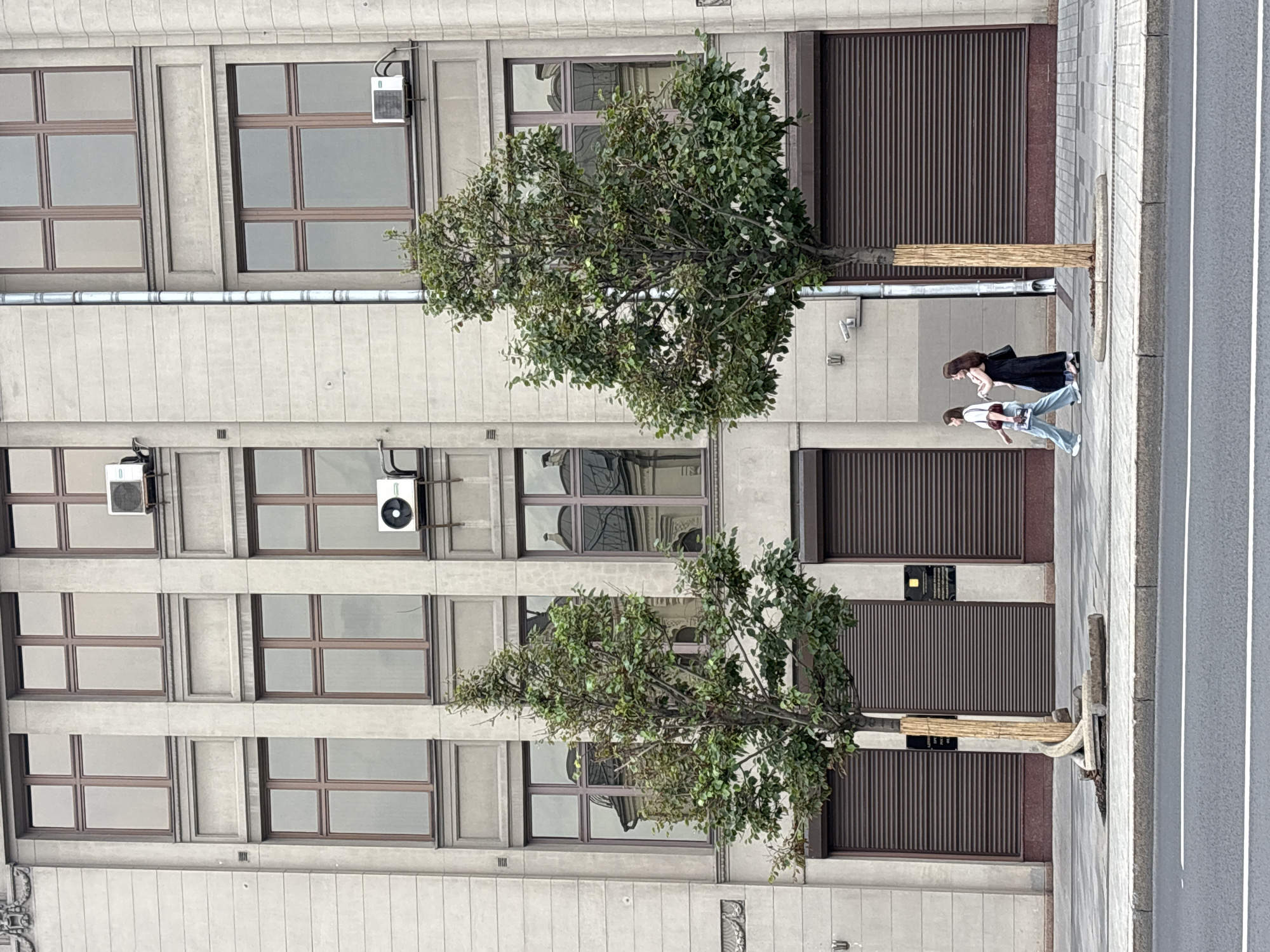 Two young women walk along a sidewalk in front of a large, multi-story building. The building is made of light-colored stone and has many large windows with brown frames. The lower level of the building features several large, brown roll-up doors. Two trees with green foliage are planted on the sidewalk, one on either side of the center of the frame. The women are walking from left to right. The woman on the left wears light blue jeans, a white t-shirt, and light-colored shoes. She carries a red purse on her left shoulder. The woman on the right wears a long, black dress and black shoes. She carries a black purse over her right shoulder. A security camera is mounted on the building wall to the left of the right-hand tree. The sidewalk is paved with grey and white square tiles. A grey asphalt road with white lane markings is visible in the foreground. The sky is overcast.