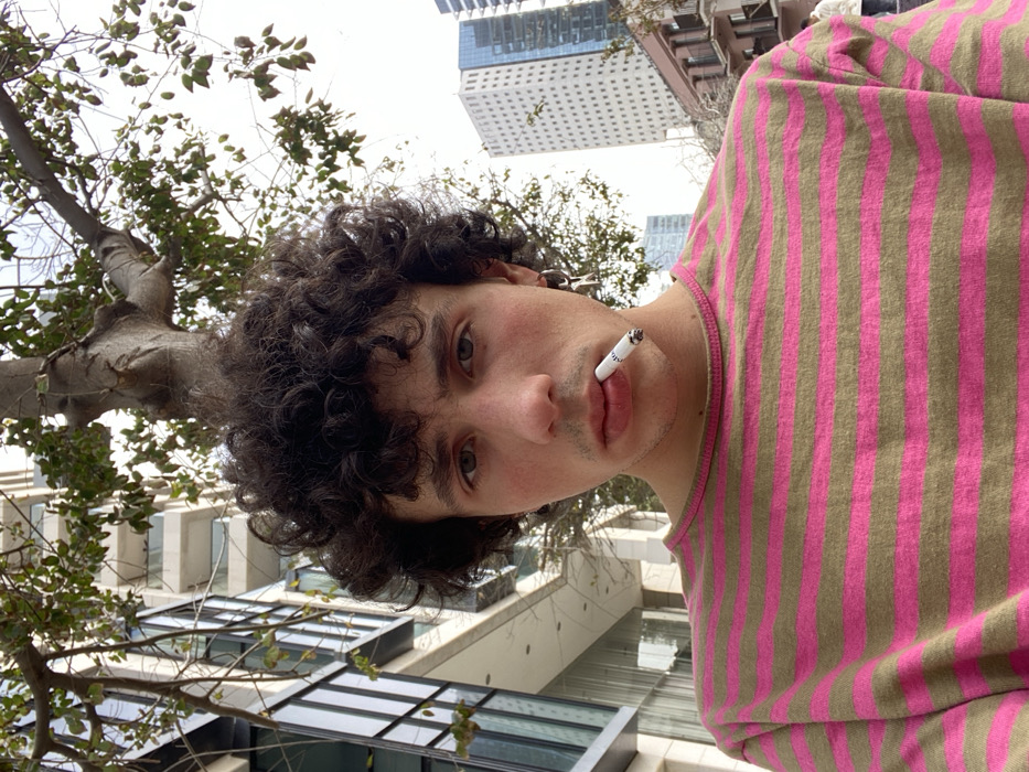 A young individual, appearing male, is centered in a medium-close-up, eye-level shot taken on an urban street in Tel-Aviv, Israel. The individual has dark, curly hair, fair skin, and a neutral expression, looking directly at the camera. A cigarette, unlit, with a white filter and a visible tobacco end, is held horizontally between the individual's lips. A silver-colored earring, shaped like a cross or anchor, is suspended from the individual's left earlobe. The individual is wearing a long-sleeved t-shirt with alternating horizontal stripes of bright pink and olive green.
The background reveals a daytime urban environment. To the viewer's left, a modern multi-story building with dark, reflective glass windows and light-colored structural elements or balconies is visible. To the viewer's right, a taller, lighter-colored high-rise building featuring a grid of numerous square windows stands against a light, overcast sky. A deciduous tree with a thick, gnarled trunk and sparse green foliage extends branches behind and above the individual's head. The setting is consistent with a modern commercial or residential area within Tel-Aviv.