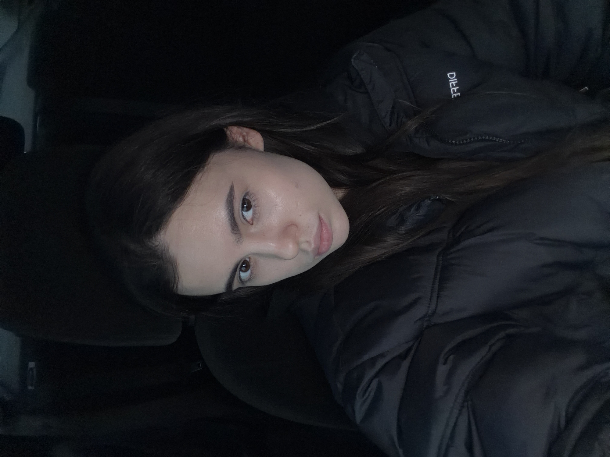 A young woman is the central subject of this dimly lit image. She has long, dark brown hair and an introspective expression, looking directly at the camera with her head tilted. Her brown eyes are prominent, and her skin appears clear. She is wearing a dark, presumably black, puffer jacket or coat. The brand name "DILLEE" is visible in white capital letters on the left sleeve of the jacket. The background is dark and indistinct, suggesting an indoor or contained setting, possibly the interior of a vehicle like a car, hinted at by dark, upholstered shapes. The lighting is very low, implying either nighttime or a deeply shaded environment. No specific activity is depicted other than the woman posing for the photograph. The jacket suggests cool or cold weather conditions, aligning with the Chaikovsky, Russia location context.