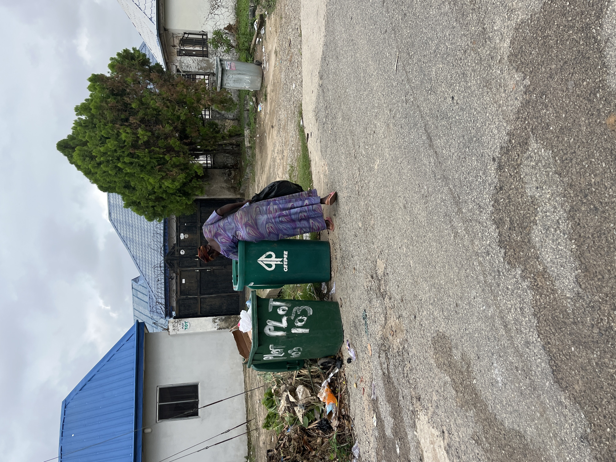 In Abuja, Nigeria, a woman in a patterned dress is depicted near two green trash bins on a dirt road. She is bent over, placing a black trash bag into the right-hand bin, which features a white logo and "GEPEE" printed on its side. The left-hand bin is marked with white writing that appears to say "PLOT 103" twice. A pile of garbage is located to the left of the bins. In the background, several houses with blue roofs and metal gates are visible, as well as a large green tree. The sky is overcast.