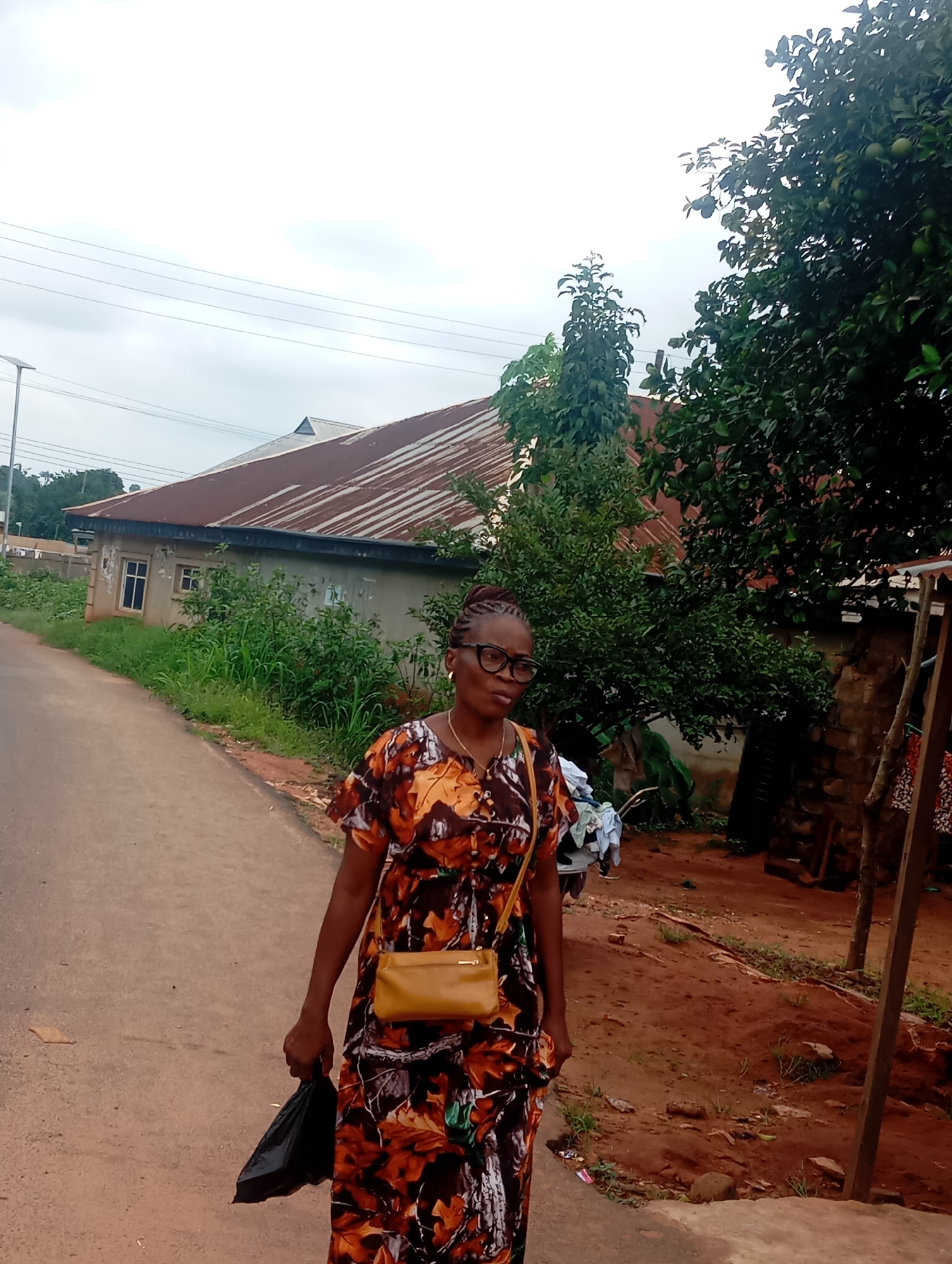 A woman is standing on a dirt road in front of a building in Nsugbe, Nigeria. She is wearing a long, patterned dress and a yellow purse is slung across her body. She is holding a black plastic bag in her left hand. A tin-roofed building with windows is visible behind her, along with trees and vegetation. The sky is overcast.