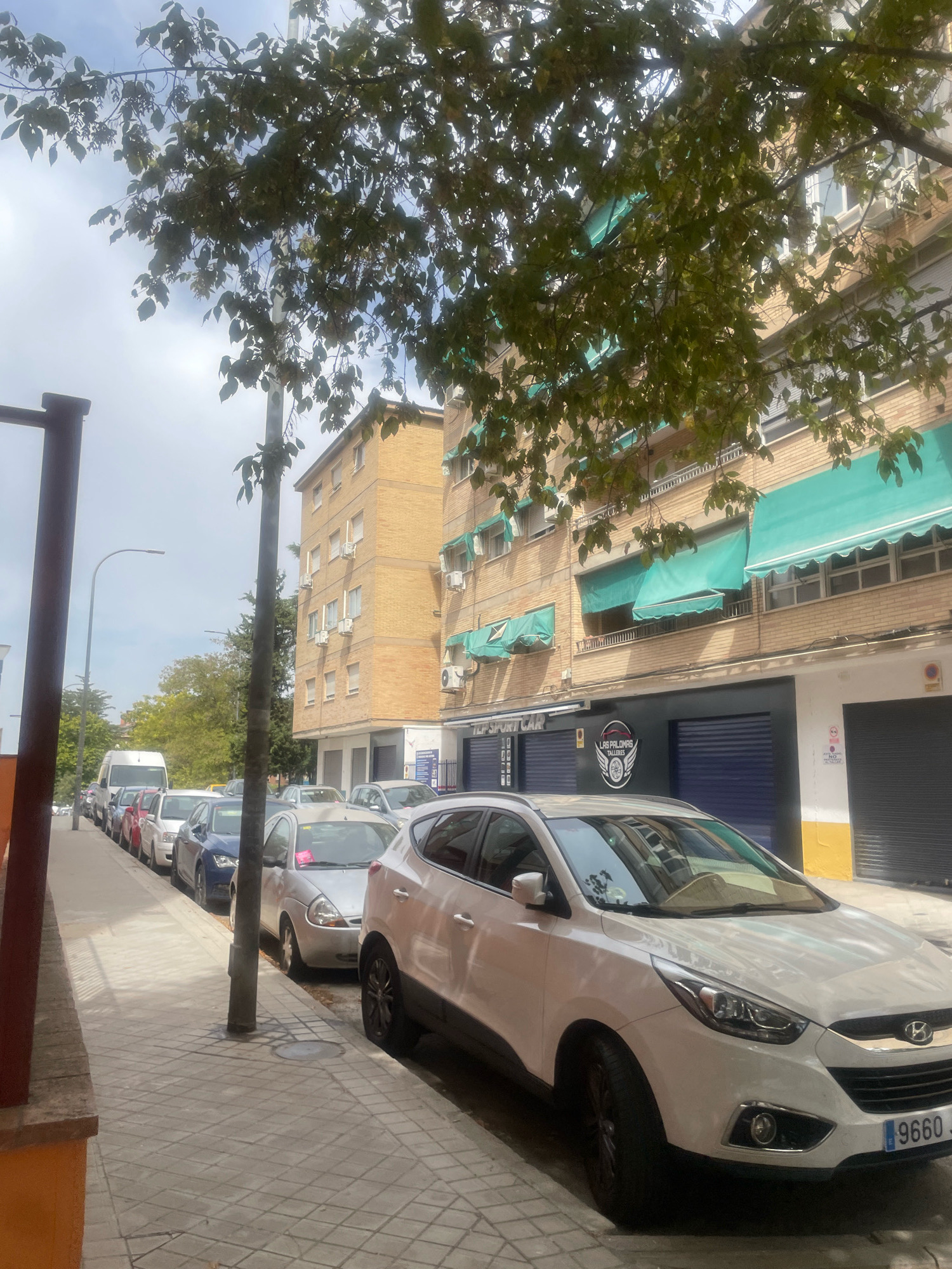 The image depicts a street scene in the city of Granada, Spain, under a bright, overcast sky. A row of parked cars lines the right side of a sidewalk. The foreground is dominated by the front portion of a white SUV, facing right, with a license plate reading "9660 J". Behind it, a silver car and several other vehicles are parked along the curb. A light pole stands on the sidewalk near the silver car. Further down the street, a white van is visible. The buildings lining the street are typical of urban residential and commercial areas. The building on the right has a tan brick facade with multiple windows, some equipped with green awnings. A business with a dark blue roller door and signage indicating "LAS PALOMAS TALLERES" is visible at street level. Trees with green leaves overhang the scene from the left. The overall impression is a quiet, everyday street in a Spanish city.