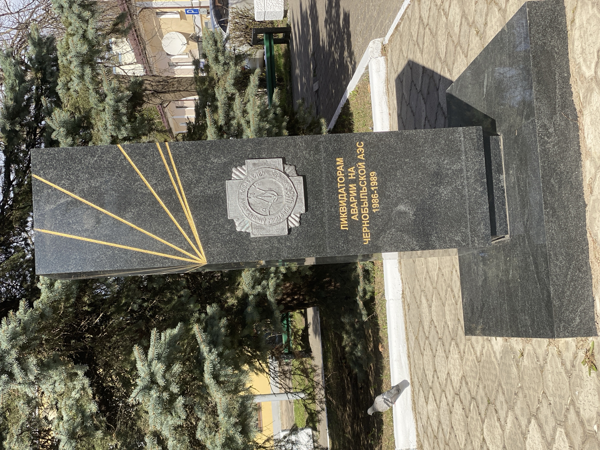 A horizontal eye-level outdoor shot shows a granite memorial dedicated to the Chernobyl disaster in Kingisepp, Russia.
The monument is made of dark granite and features gold-colored lines that converge on a symbol on the left side of the memorial. To the right of the symbol, there is text in Russian, stating "Liquidators of the Accident at the Chernobyl Nuclear Power Plant 1986-1989." The memorial is surrounded by paving stones.
A pigeon is visible at the bottom right of the image. Behind the monument is greenery, including evergreen trees. In the background, there are buildings and a street sign. The scene is well-lit, suggesting it is daytime.