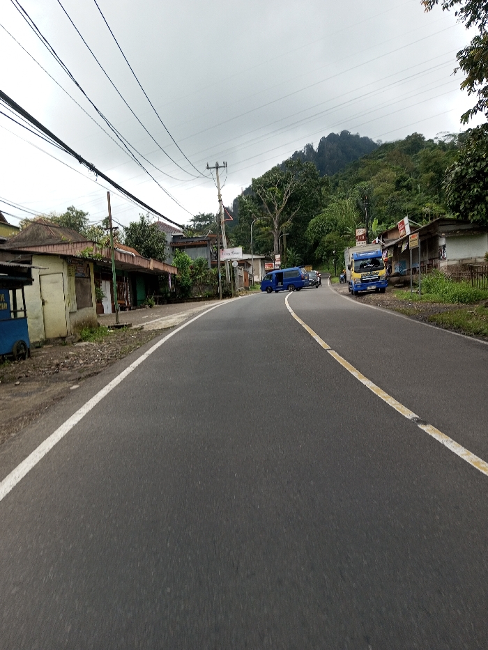 This image depicts a two-lane asphalt road curving gently to the right in Serpang Shalli, Bhutan, under an overcast sky. The road features a solid white line marking its left edge and a solid yellow line near its center. On the left side of the road, a dirt shoulder with sparse vegetation abuts a series of single-story, utilitarian buildings or storefronts, one of which is pale yellow with a dark roof and a closed door. A blue vendor cart with "KUTANG" partially visible is situated to the far left. Overhead, numerous black utility lines traverse the scene, supported by wooden and metal poles.
On the right side of the road, as it curves, a blue passenger van is parked facing away from the viewer, with other vehicles partially visible behind it. Further along, a light blue and yellow delivery truck, marked with "SOLAR," is parked facing towards the viewer. Adjacent to the road on this side are additional small structures, some with signage, and a low fence. The background is dominated by a large, densely forested hill or mountain under the uniformly gray, cloudy sky. No individuals are visible in the scene.