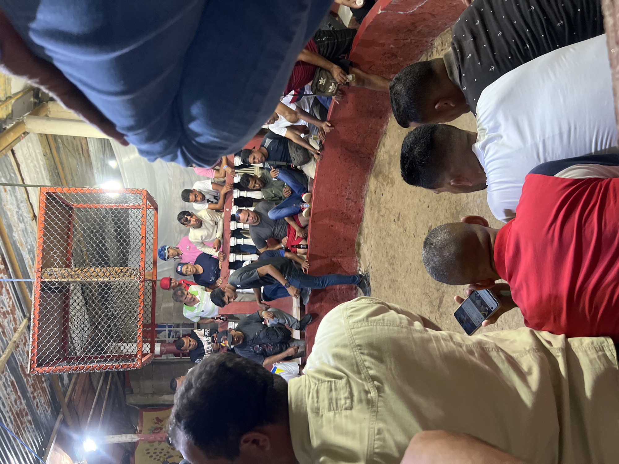 This image depicts a gathering of people around a circular sandy arena, likely a cockfighting pit, in Juan Griego, Venezuela. The arena is enclosed by a red-painted, low wall. Spectators are seated and standing around the perimeter, some leaning over the wall to get a better view. A metal cage-like structure, possibly for holding roosters, is suspended above one side of the arena. The environment appears to be a covered outdoor space with a corrugated metal roof supported by wooden beams.
In the foreground, the backs of several men are visible, with one man in a tan shirt holding a smartphone, seemingly engrossed in its display. To his right, a man in a red shirt is looking down. Further back, a group of men are seated along the arena wall, some engaged in conversation, while others observe the scene. One man in a black t-shirt and a cap is looking towards the arena.
The overall atmosphere suggests a social gathering centered around an event taking place within the arena. The lighting appears to be a mix of natural light filtering in and artificial lighting from overhead fixtures, casting shadows. The scene is informal and lively, with a sense of anticipation or engagement from the attendees.