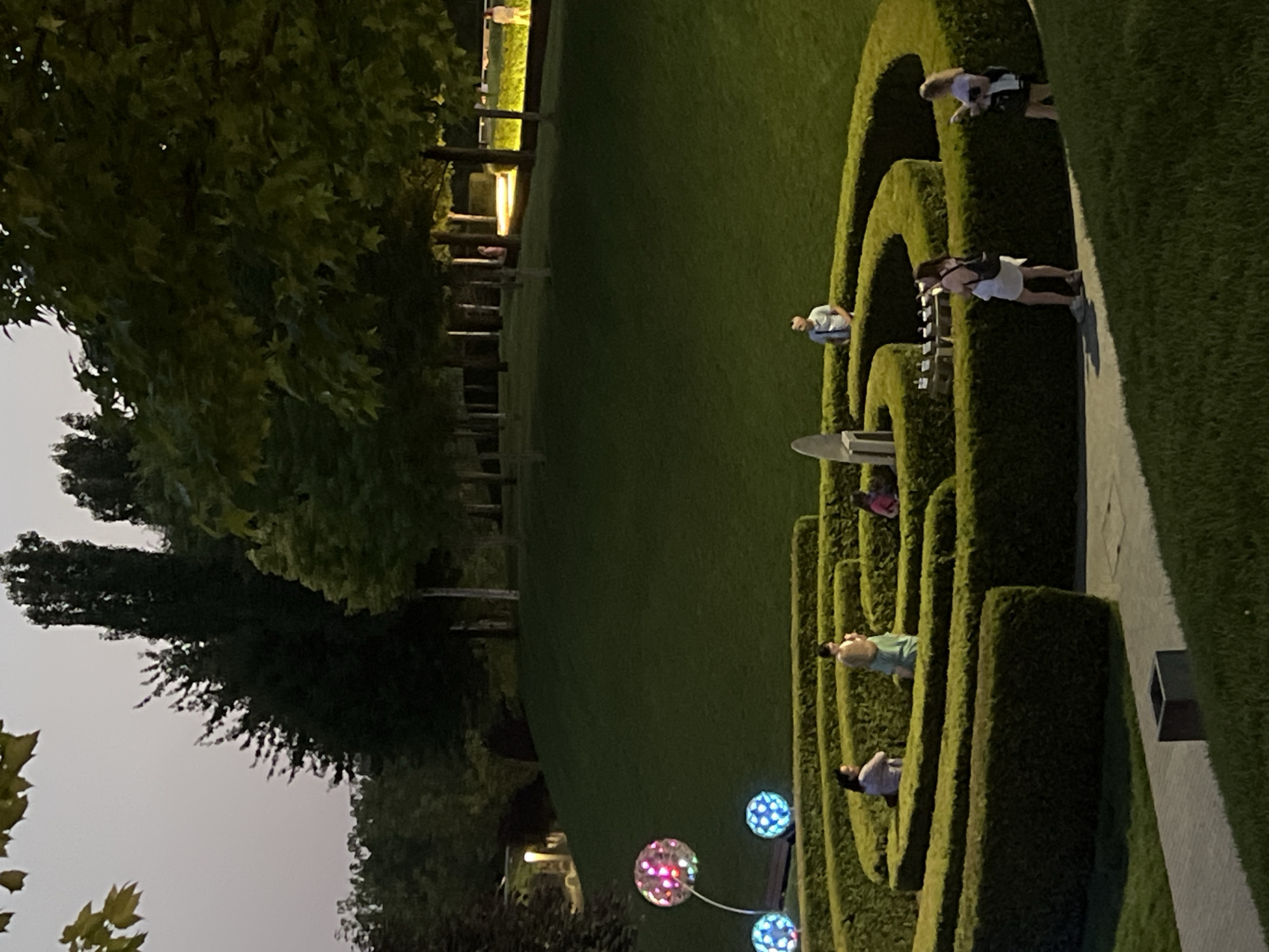 The image depicts a nighttime view of a manicured garden maze within a park setting. In the foreground, a meticulously trimmed evergreen hedge forms the winding paths of the maze. Several individuals are visible within and around the maze. To the left, two women are seated on the grass near a path. Further into the maze, a woman with blonde hair carries a child on her shoulders, while another person, possibly a child, is seated. On the opposite side of the maze, a man stands near the hedge, looking upwards. In the middle ground, a decorative fountain or sculpture is situated within the maze.
To the left of the maze, three illuminated, spherical orbs are suspended on thin poles, with one orb displaying a multicolored light pattern and the other two showing blue and white lights. The background features a gently sloping, well-maintained lawn with scattered trees. A pathway is visible in the distance, illuminated by warm lights, with two figures standing near it. The overall atmosphere is serene, suggesting a public park or garden at dusk or early evening. This scene is characteristic of the "Park Galitsky" (also known as Krasnodar Park), a well-known urban green space in Krasnodar, Russia, celebrated for its contemporary landscape design and artistic installations.