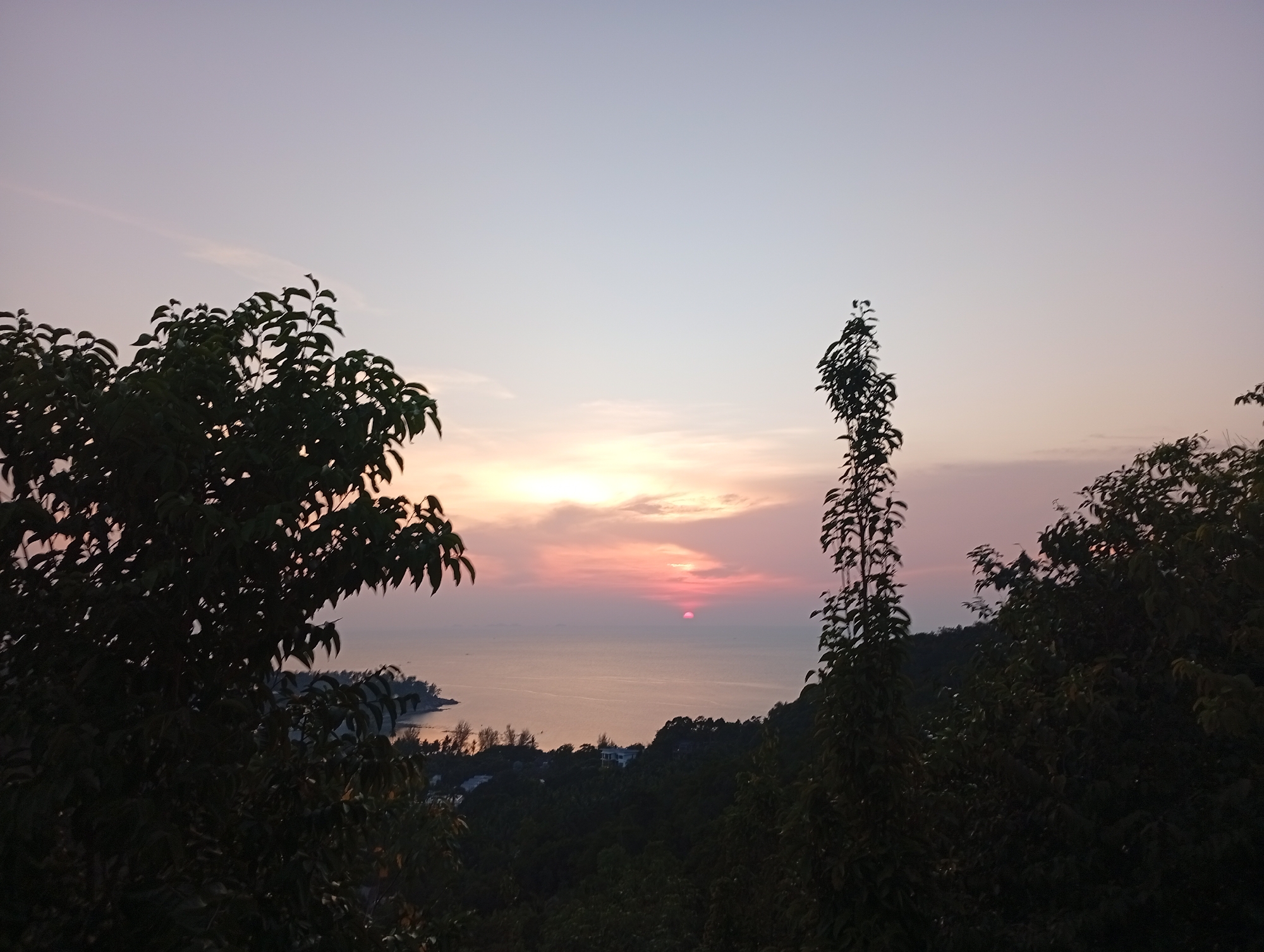 This landscape photograph depicts a breathtaking sunset over a body of water, likely the Andaman Sea, viewed from an elevated vantage point in Baan Wang Ta Kien, Thailand. The scene is dominated by a vibrant sky, which transitions from a soft lavender-blue at the top to brilliant pinks, oranges, and reds near the horizon. The sun, a distinct reddish-orange orb, is partially visible as it dips below the horizon, casting a warm glow across the entire seascape.
The calm sea mirrors the stunning colors of the sunset, appearing golden and pinkish. A distant coastline with lush, undulating hills and faint indications of buildings or homes runs along the lower edge of the water. In the immediate foreground, dense tropical foliage, primarily dark green trees, frames the composition, their forms silhouetted against the bright, colorful sky. These trees create a natural border, enhancing the depth of field.
The time of day is clearly sunset, marked by the position and color of the sun and the rich hues of the sky. The weather appears clear with scattered, wispy clouds near the horizon catching the last rays of sunlight. The tropical vegetation and coastal view are strong location cues for Baan Wang Ta Kien, Thailand. The overall mood conveyed is one of peace, beauty, and tranquility. There are no people visible, and no text is present in the image.