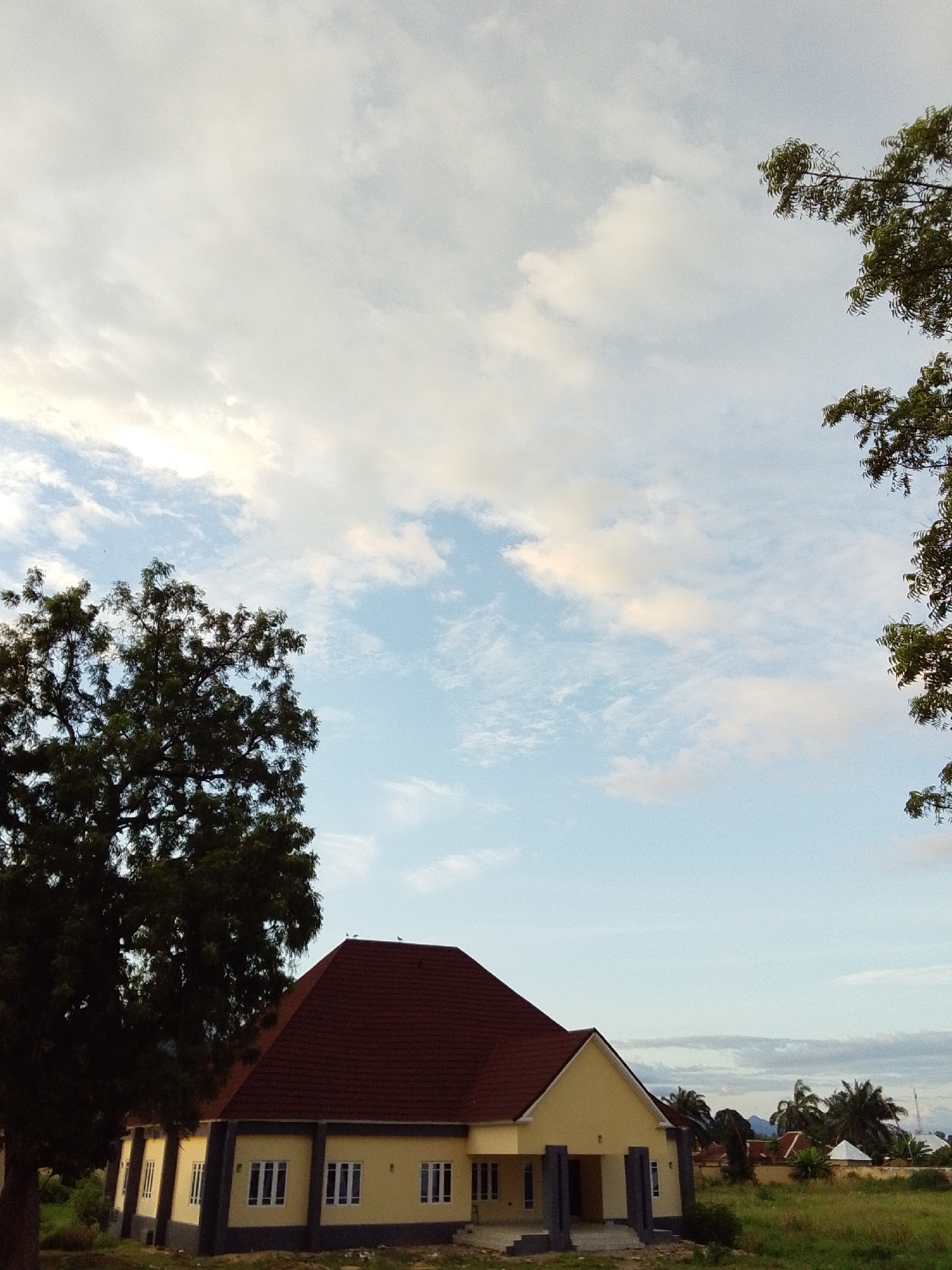 A low-angle, full shot captures a light yellow, single-story house with a dark red tiled roof under a partly cloudy sky. The house has a prominent gabled roof and multiple rectangular windows with white frames. A large, dark green tree with dense foliage dominates the left side of the frame, partially obscuring the house. To the right, portions of other trees with green leaves are visible against the sky. In the background, a line of trees and other structures are visible, suggesting a semi-urban or rural setting. The sky is a blend of light blue and white, with wispy clouds. The ground in front of the house is covered in green grass. The scene appears to be in the city of Serti, Nigeria.