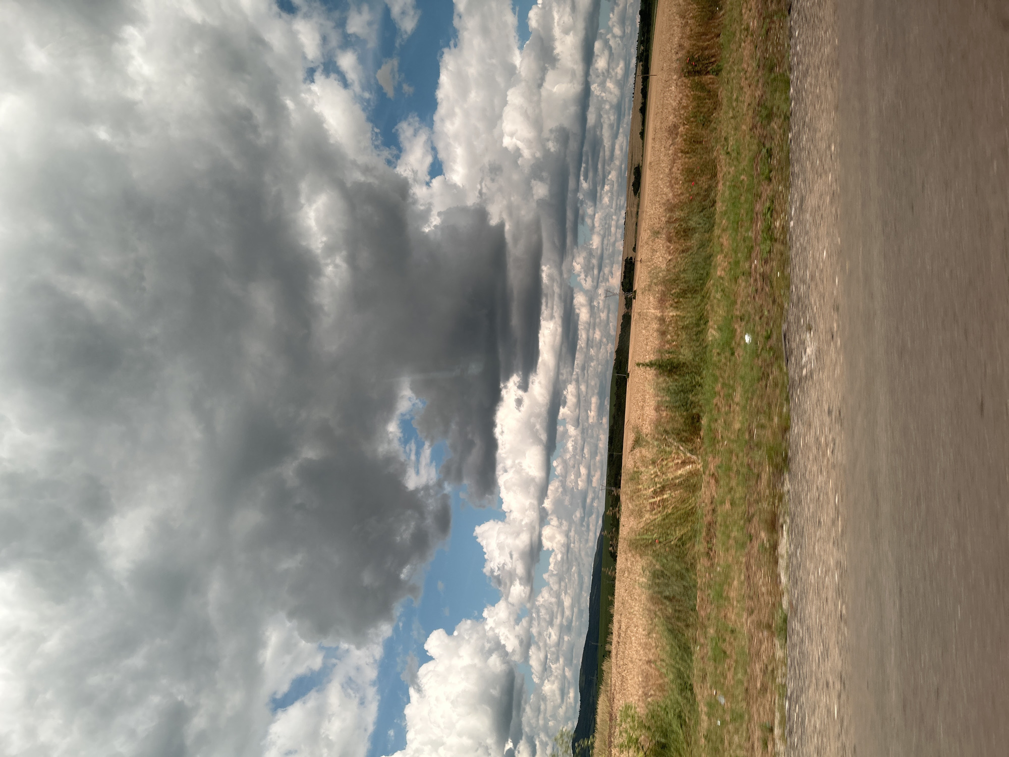 An exterior, eye-level, vertical, full shot captures a rural landscape under a dramatic sky. The foreground features a gravelly, blurred dirt road running horizontally across the bottom of the frame. Behind the road, a green grassy verge is visible, interspersed with dry vegetation. Beyond the verge, a vast field of ripe, golden wheat stretches towards the horizon, appearing slightly blurred due to motion. In the distance, rolling hills form the backdrop, covered in green vegetation. The sky is a dominant feature, filled with a dramatic contrast of dark, heavy storm clouds and bright, fluffy white cumulus clouds, with patches of blue sky visible between them. The overall impression is one of an impending storm in a rural agricultural setting. The location is Unknown, Unknown.