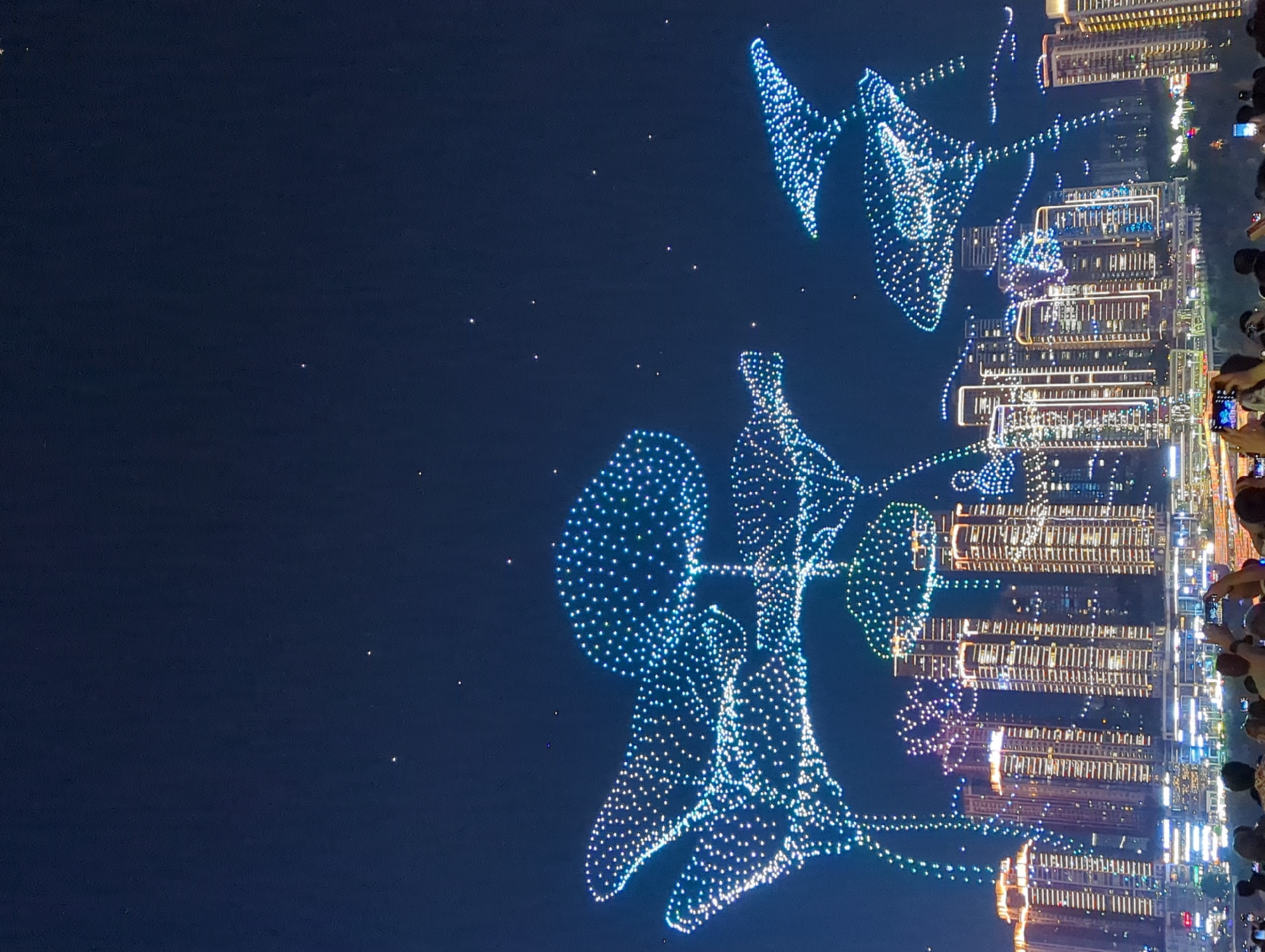 The image captures a night scene in Jiangbeicheng Street, Chongqing, China, during a drone light show. The sky is dark, dotted with a few stars. A large formation of illuminated drones creates the illusion of giant, luminous flowers or plants in the sky, with stems and petals outlined by thousands of small lights in blue and white hues. Below the drone display, a cityscape of modern skyscrapers is visible. These buildings are brightly lit, with many windows illuminated, and some feature illuminated architectural elements. The lights from the city create a warm glow. In the foreground, a crowd of people is gathered, many of them holding up their phones to capture the spectacle. The atmosphere appears to be one of public celebration and awe, with the drone performance serving as the central attraction above the urban landscape.