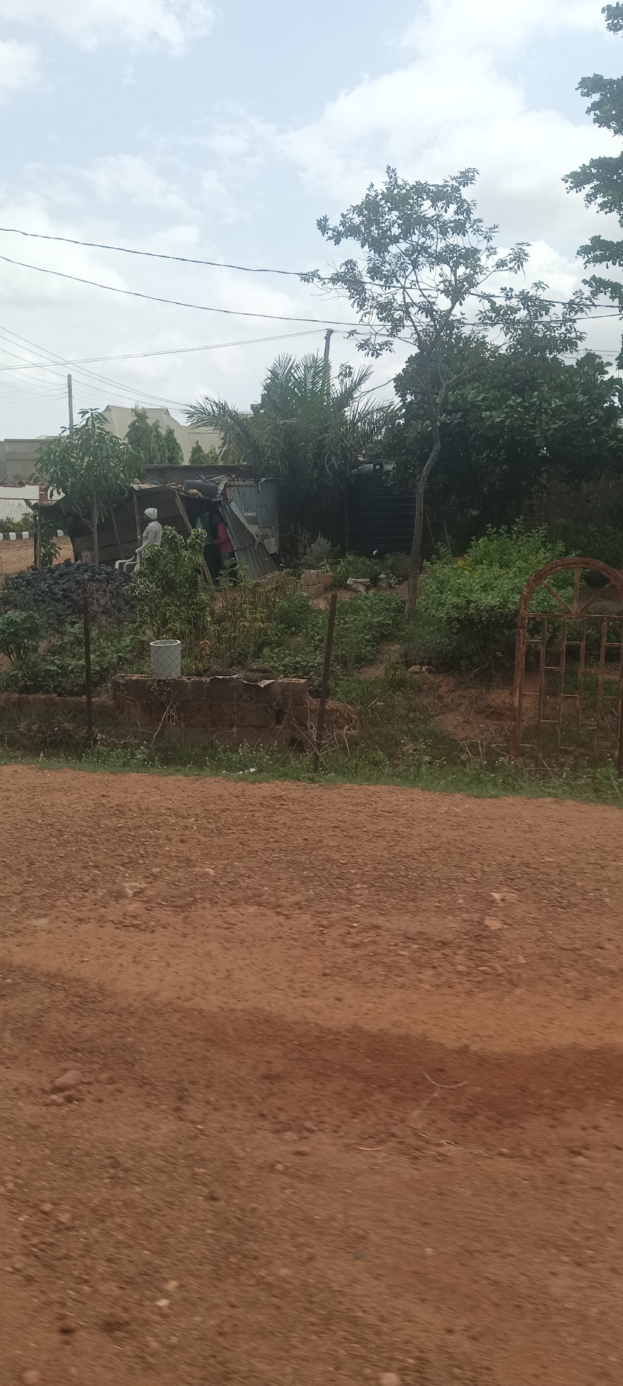 The scene is an informal roadside view in Jos, Nigeria. The foreground is a dirt road of reddish-brown soil. In the middle ground, behind a low wall of concrete blocks and a sparse wire fence, is a simple dwelling constructed from corrugated metal sheets.
Two individuals are visible near the dwelling. One person, wearing a white head covering, is standing near the structure. Another person, wearing red clothing, is partially visible within the dwelling.
Around the dwelling, there are trees, lush green vegetation, and potted plants. In the background, there are other buildings and trees. A rusted metal gate stands to the side. Overhanging power lines are visible in the sky. The sky is overcast with some clouds.