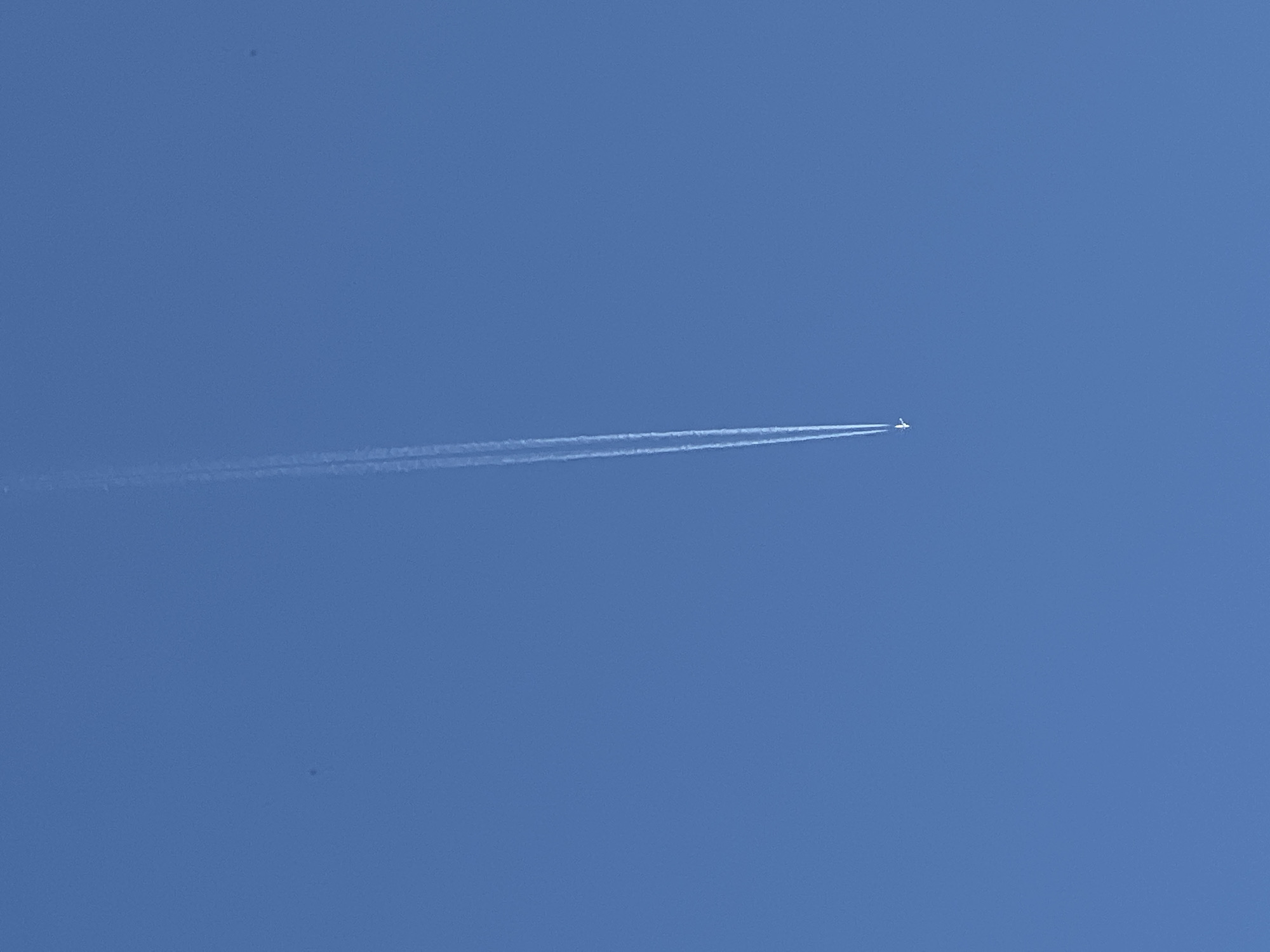An airplane is visible in the sky, leaving a white contrail behind it. The airplane is small and appears to be a commercial jet. The contrail is long and thin, stretching across the blue sky. The sky is clear and blue with no clouds. The image is taken from a low angle, looking up at the airplane. The scene is peaceful and serene, suggesting a clear day. The location of the image is Lublin, Poland.