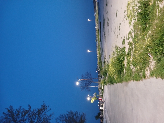 The image shows a paved walkway along a waterfront in İstanbul, Türkiye, at coordinates 40.956, 28.816. The walkway is flanked on the right by a sandy area overgrown with small green plants and on the left by a low concrete wall and a tree. The sky is a deep blue, and the only light comes from streetlights, which are visible in the distance. A few people are walking along the walkway, their silhouettes visible against the blue of the evening sky. The scene is tranquil and serene, with a sense of peace and quiet.