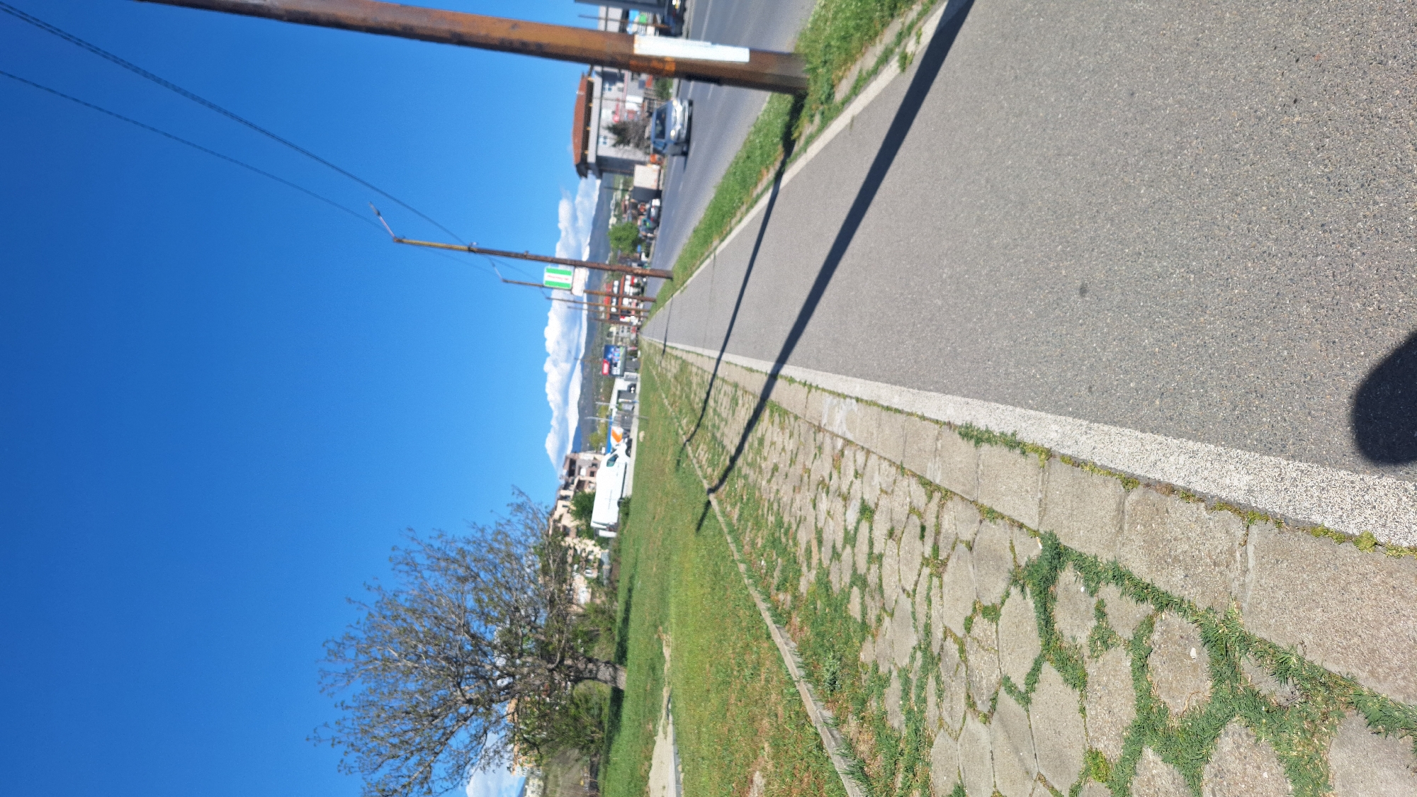 The image shows a street scene in Blagoevgrad, Bulgaria, taken during daytime. A paved sidewalk runs alongside a road with vehicular traffic. The sidewalk is constructed with interlocking concrete pavers with grass growing between them. A strip of grass separates the sidewalk from the road. Utility poles line the road, casting long shadows on the pavement. Buildings and mountains are visible in the background under a clear blue sky with a few clouds. A tree stands adjacent to the sidewalk in the foreground. The perspective suggests the image was taken from a standing position looking down the length of the road.