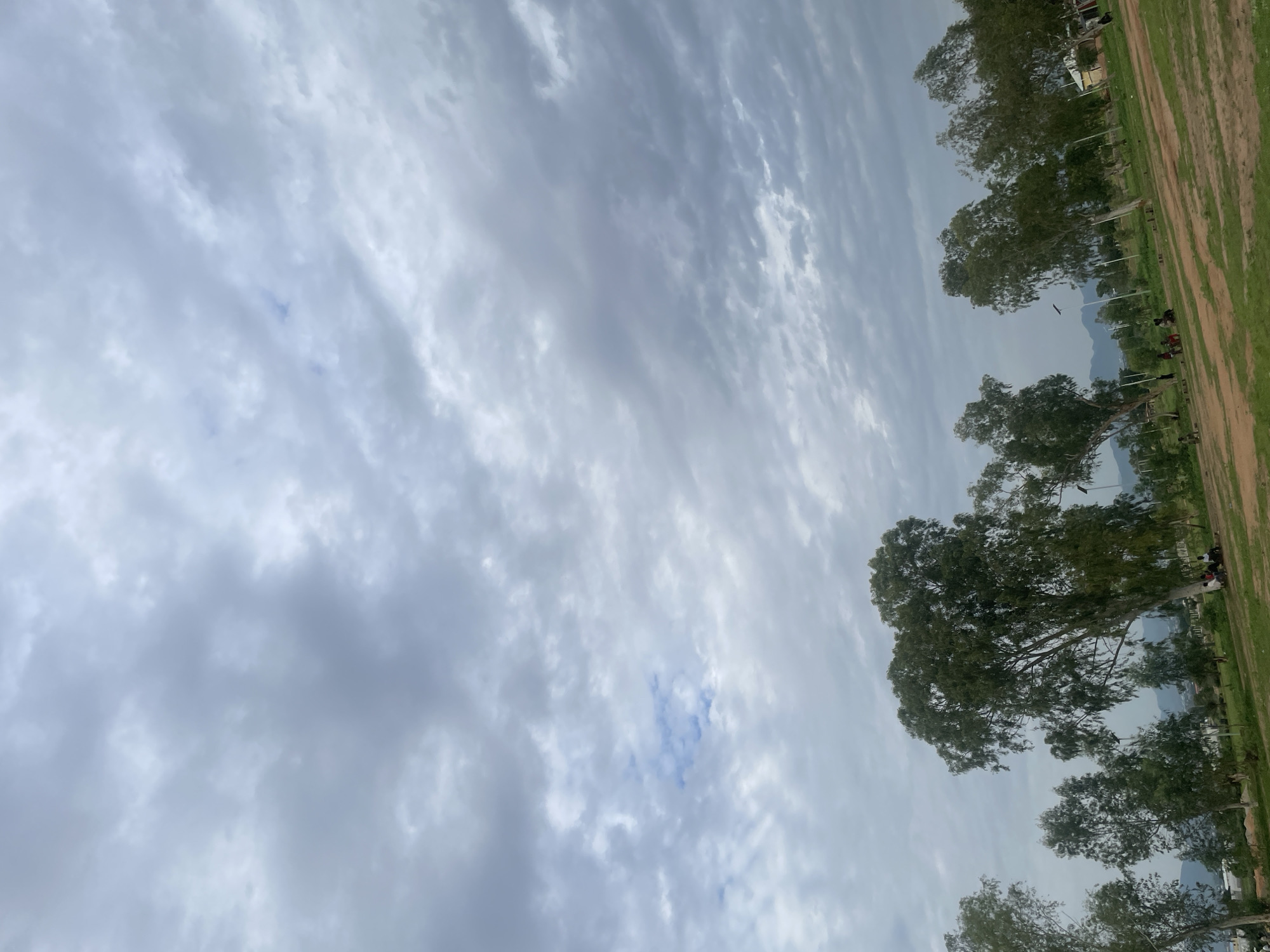 The image depicts a wide, overcast sky filled with scattered gray clouds, with a few patches of blue sky visible in the distance. Below the sky, a landscape unfolds with several tall, slender trees featuring sparse foliage. The ground is a mix of dry, reddish-brown soil and patches of green grass. In the middle ground, a group of people are seated on the ground in the shade of the trees. Further in the distance, more trees are visible, along with some structures that appear to be buildings or a roadside. The overall impression is of a park-like setting on a cloudy day, possibly in the city of Jauro Yinu, Nigeria, given the context.