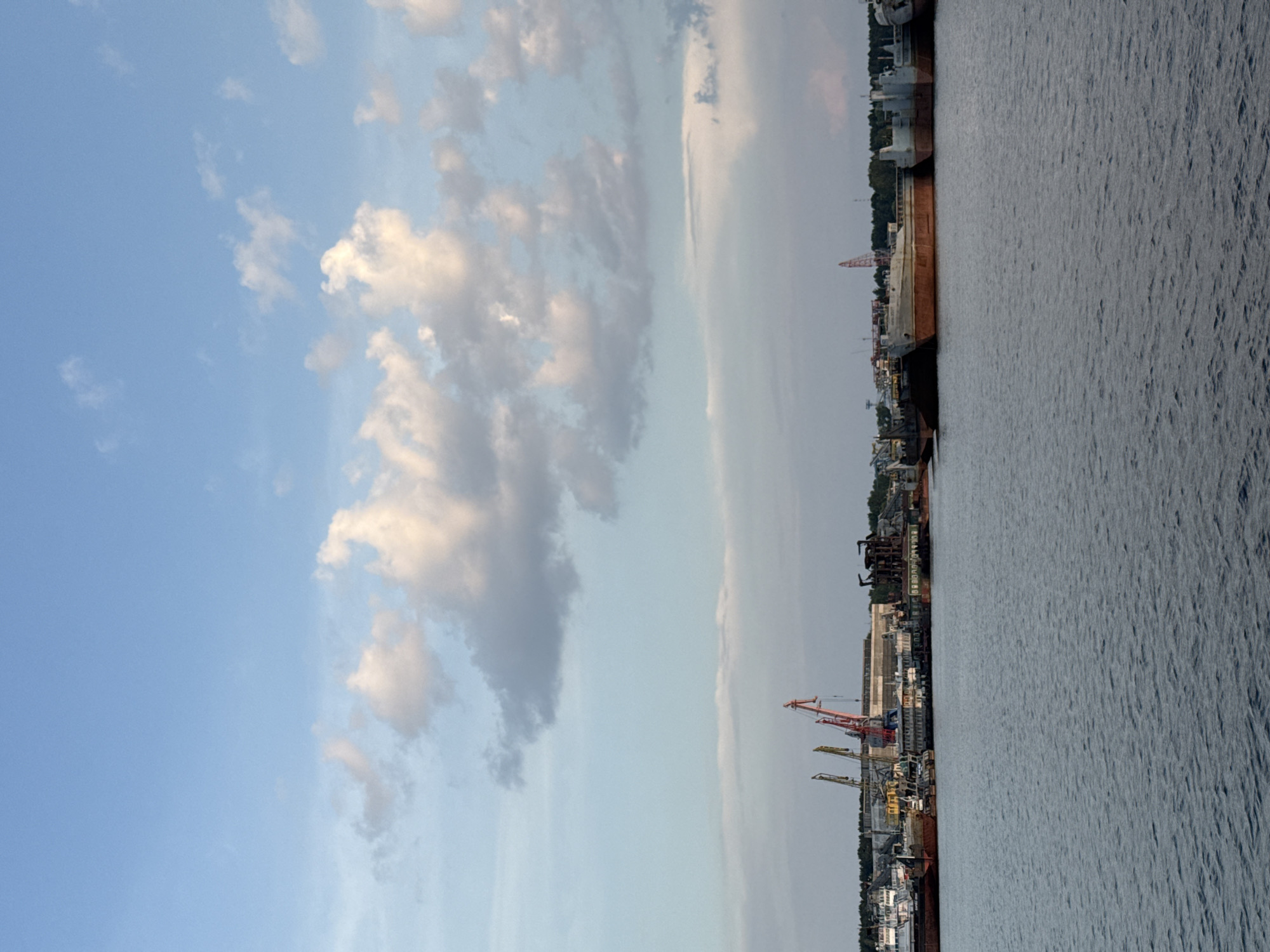 This is a photograph taken from a body of water, likely a river, looking towards a harbor area. In the foreground, the water has a choppy texture with small waves. The background shows a shoreline with a dense line of trees and then a port facility. Several large ships are docked along the shore, with their hulls varying in color from dark red to grey. The port is equipped with multiple cranes, some of which are red and yellow, suggesting active loading or unloading operations. Some industrial structures and buildings are visible behind the ships and cranes. The sky above is a mix of blue and scattered white and grey clouds, indicating a partly cloudy day. The overall scene depicts a functional industrial port. The location is identified as the Kama River port in Chaikovsky, Russia. There are no people clearly visible in the image.