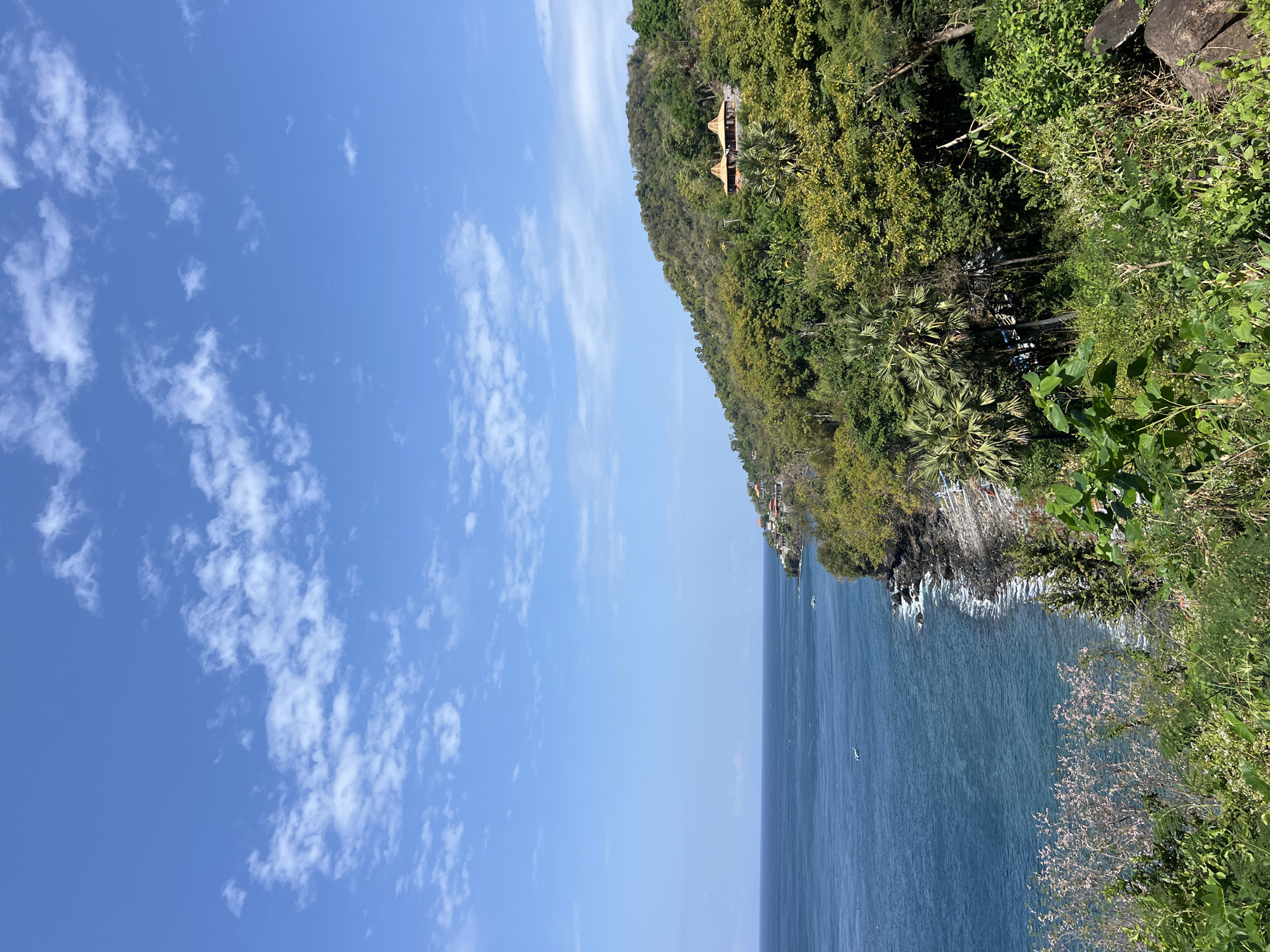 The image depicts a coastal landscape in Abang, Indonesia. A bright blue sky with scattered white clouds dominates the upper portion of the frame. Below the sky, a tranquil blue ocean stretches across the left side of the image, meeting a rocky coastline. The coastline is densely covered with lush green vegetation, including palm trees and various other plants. Along the hillside overlooking the ocean, there are several buildings with distinctive orange-tiled roofs, suggesting a settlement or resort. Two small boats are visible in the water, and the rocky shore has some white elements that could be laundry or small structures. The foreground is filled with a variety of green plants, some with delicate pink blossoms. The overall scene is one of natural beauty and peaceful coastal living.