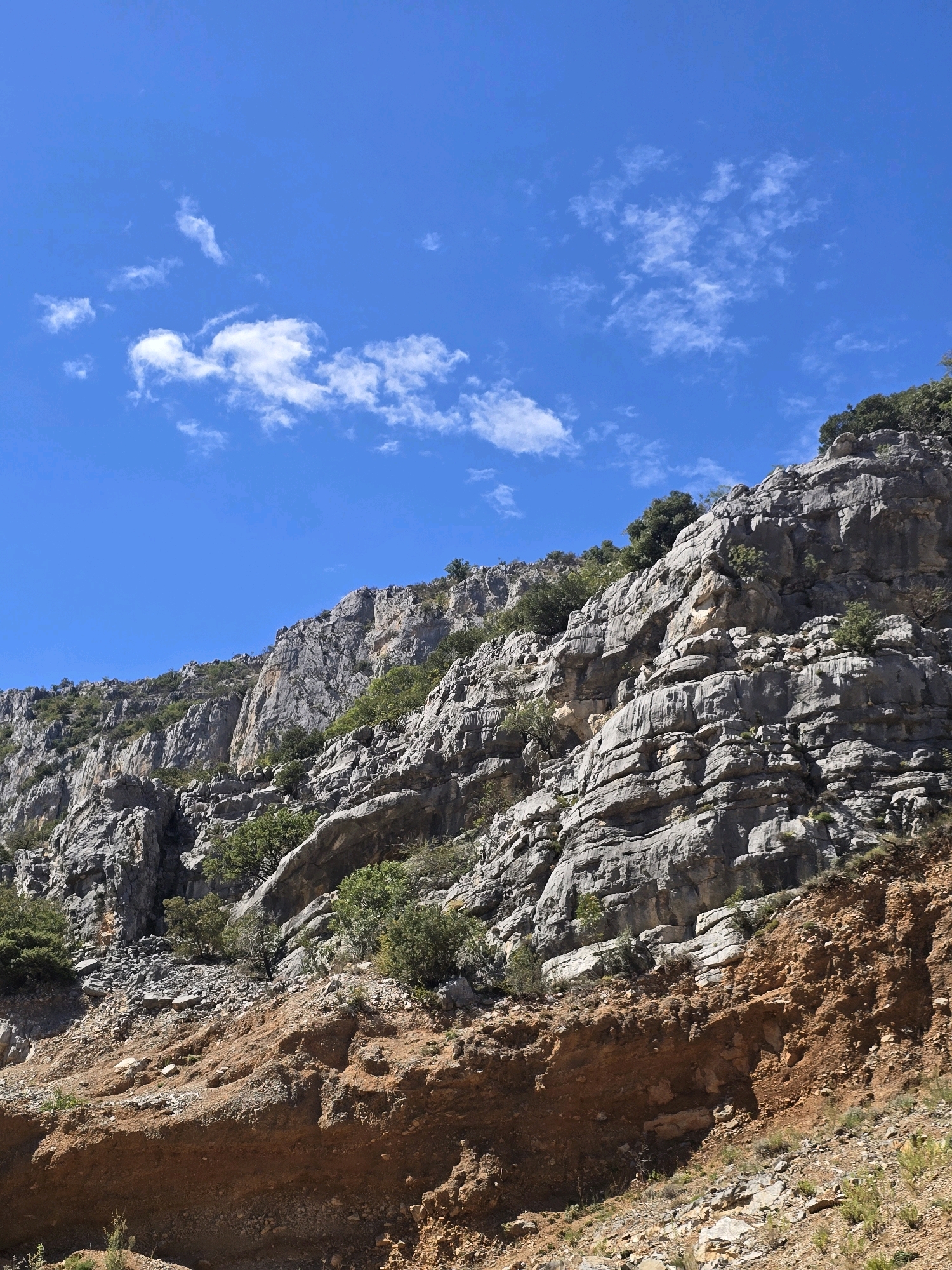 This is an outdoor, eye-level, vertical, medium shot of a rocky mountainside under a blue sky with scattered white clouds. The mountainside is predominantly grey rock with visible striations and layering. Patches of green vegetation, consisting of shrubs and trees, are scattered across the rock face. The lower portion of the mountainside transitions to reddish-brown soil with smaller rocks and sparse vegetation. The sky is a vibrant blue, occupying the upper half of the image, with a few wispy clouds. The scene appears to be a natural, undeveloped landscape, likely in a mountainous region. Without further information or context, it is impossible to determine the specific location within Podgorica, Montenegro or if this image is even related to Podgorica. There are no people, animals, or man-made objects clearly visible in the image.