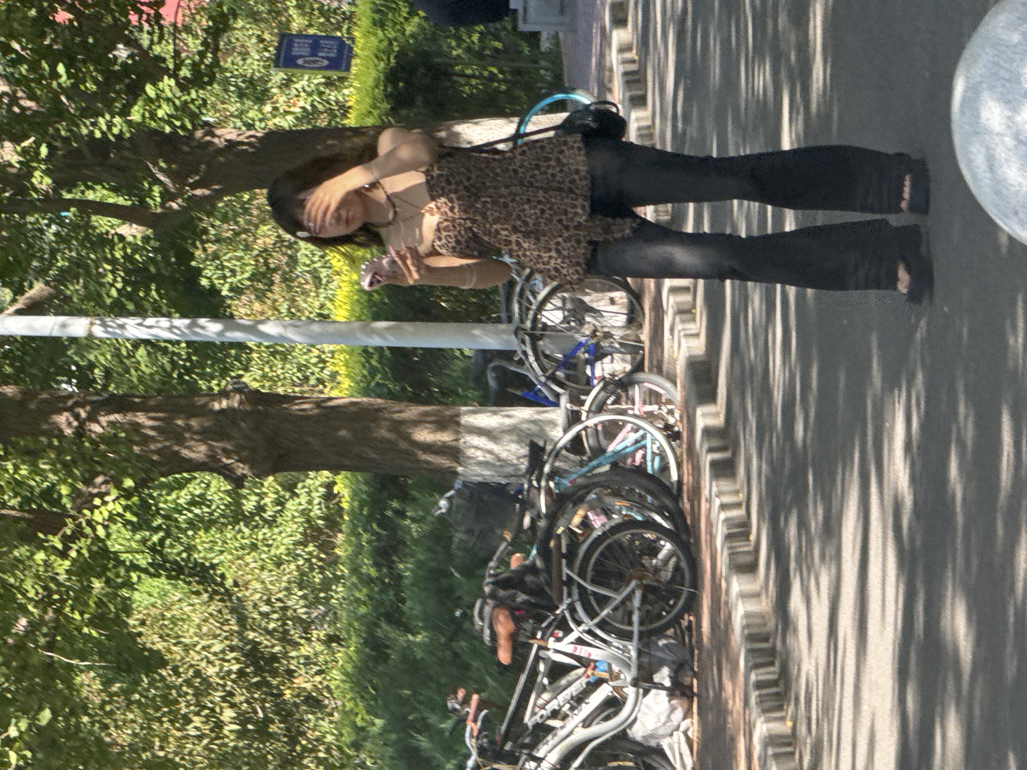 The image depicts a young woman standing on a paved sidewalk in Zhongtun, China. She is wearing a leopard-print halter top, dark flared jeans, and black platform sandals. Her right hand is raised, partially obscuring her face, and she is holding a pink cell phone. A black crossbody bag is slung over her left shoulder. To her left, a row of parked bicycles lines the sidewalk. The background features lush green trees and bushes, with dappled sunlight casting shadows on the pavement. A white pole and a blue sign with Chinese characters are also visible in the background. The overall setting appears to be an outdoor urban environment, likely a campus or park area, given the presence of bicycles and greenery.
