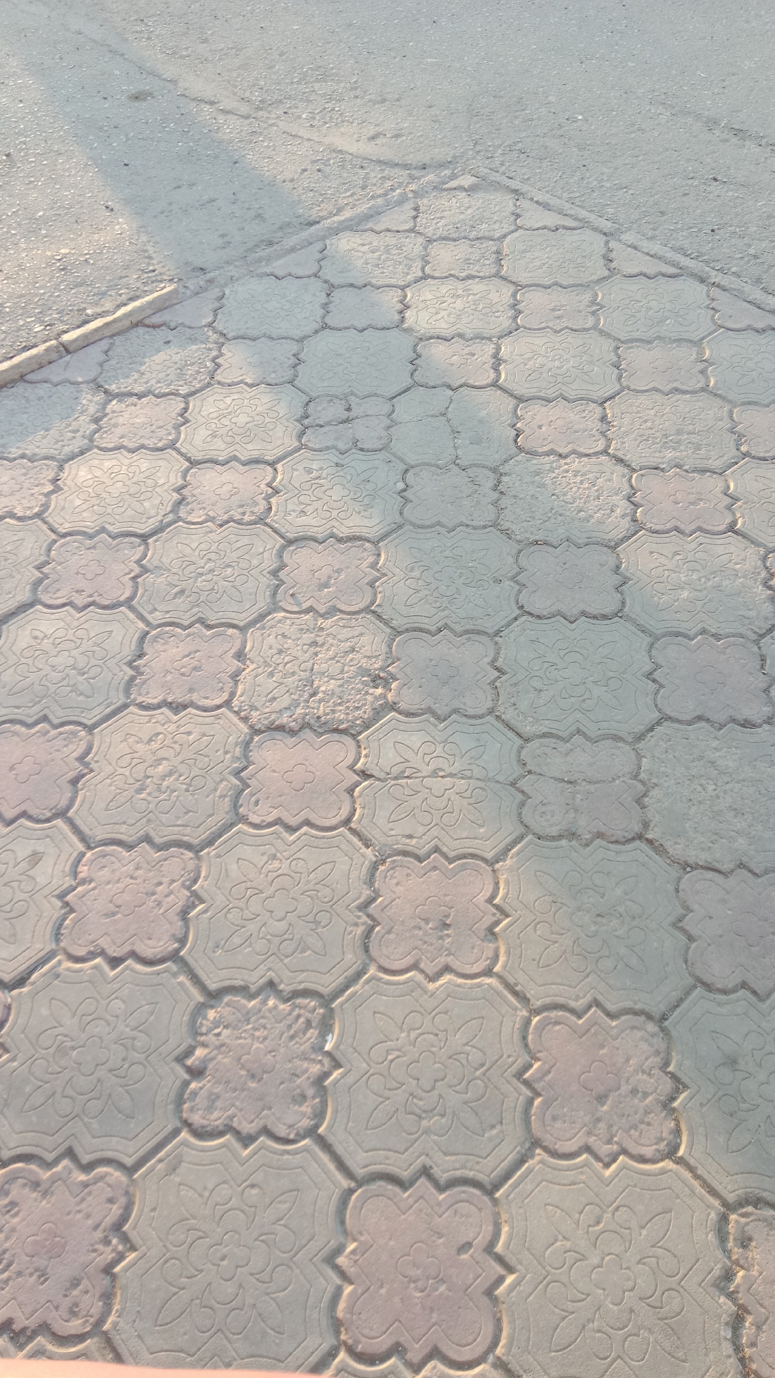 The image shows a close-up, eye-level perspective of a paved walkway in Petropavl, Kazakhstan. The walkway is constructed with ornate, interlocking concrete pavers, predominantly in a light gray color, with some showing a reddish-brown hue. The pavers are arranged in a repeating pattern of cloverleaf-like shapes. Several of the pavers appear worn or damaged, with rough, chipped surfaces, particularly in the center of the image.
Adjacent to the paved walkway is a section of asphalt or compacted gravel road, which takes up the upper portion of the frame. This road surface is lighter in color than the pavers and shows tire marks and a distinct shadow cast from an unseen object, possibly a street light or building, indicating it is daytime. The boundary between the road and the walkway is marked by a raised concrete curb. The overall scene depicts an outdoor urban environment.