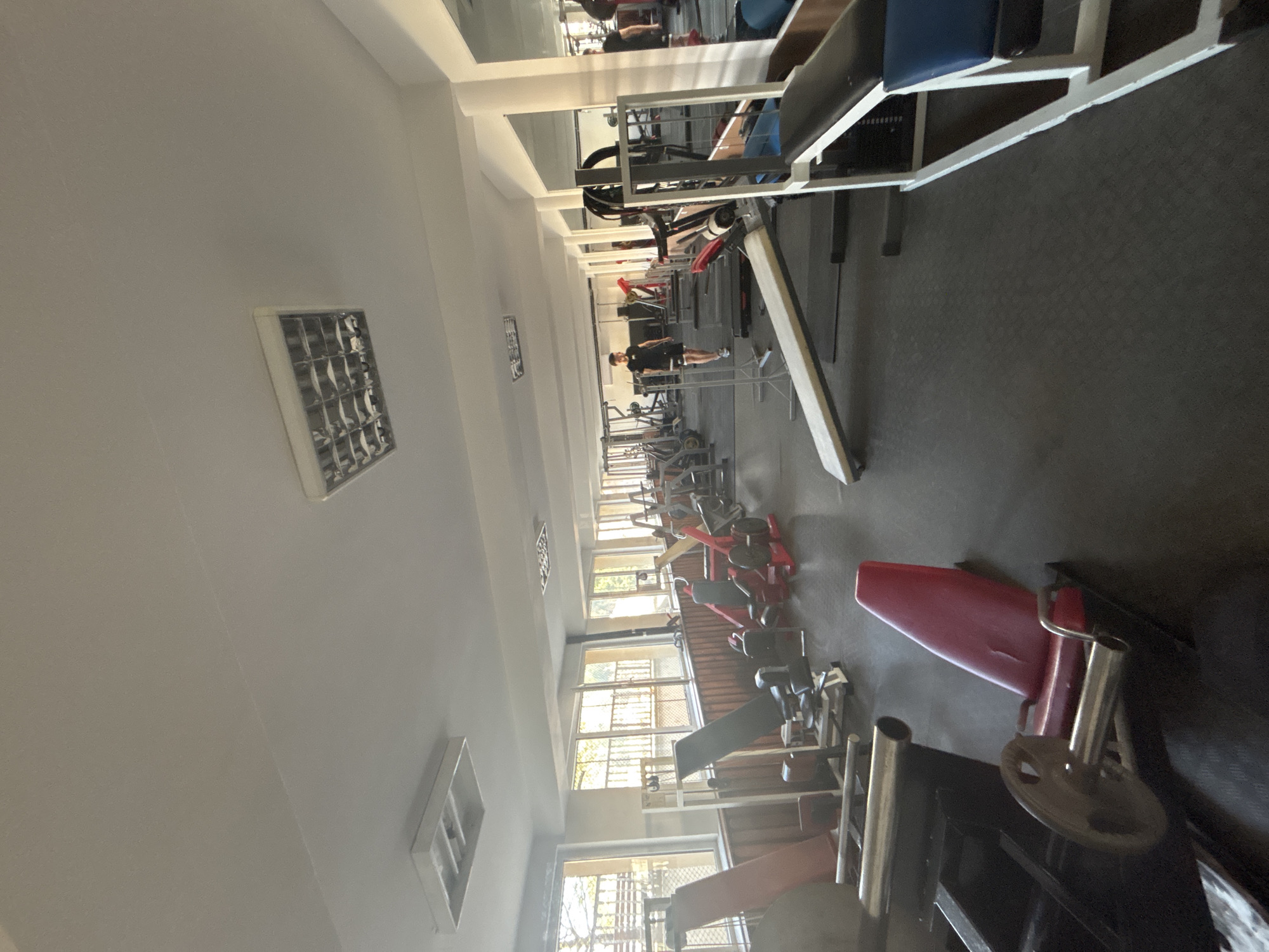 The image captures the interior of a long, rectangular gym or fitness center, viewed from a slightly elevated perspective. The room features light-colored walls and a dark, textured rubber floor. Natural light illuminates the space, entering through a series of large windows that run along one side of the room, revealing foliage and what appears to be an outdoor building structure. Additional lighting is provided by rectangular fluorescent fixtures recessed into the white ceiling.
Various pieces of gym equipment are systematically arranged throughout the room. In the foreground and midground, multiple weight benches, some with red and others with dark blue upholstery, are present alongside weight racks and several types of strength training machines. Silver and black weight plates are visible near the equipment. A long, white, flat object, possibly a bench or part of a machine, extends across the floor in the mid-right.
The upper part of the wall opposite the windows is covered with mirrors, reflecting the equipment and a portion of the room, contributing to a sense of depth. At least two individuals are visible within the gym. One person, dressed in dark athletic wear, stands near some equipment in the mid-ground. Another person is partially reflected in the mirrors. The activity depicted is exercise or general presence within a fitness facility.
The presence of natural light indicates it is daytime. There are no specific visual cues within the image, such as signs or unique architecture, to indicate its location as Zlatograd, Bulgaria, beyond the provided context. No legible text is visible anywhere in the image. The gym appears well-maintained and functional.