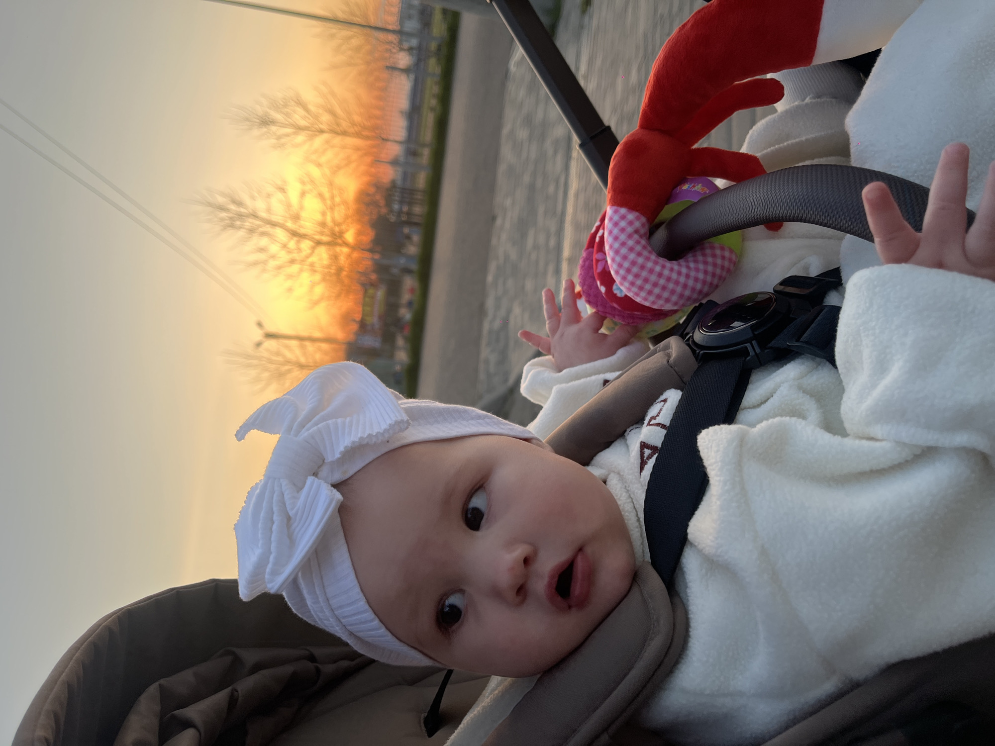 This image presents a close-up, tilted view of an infant in a stroller or carrier, set against a warm, glowing sky at either sunrise or sunset. The background reveals a clear sky painted in shades of orange and yellow, with the dark silhouettes of bare trees and subtle power lines visible in the distance, indicating an outdoor setting, potentially in Novopokrovskaya, Russia.
The baby, positioned to look towards the camera, wears a white, pleated headwrap adorned with a bow and a cozy, white, fluffy jacket or blanket. Their wide, dark eyes convey curiosity, and their mouth is slightly open, perhaps in a look of wonder or anticipation. The infant's left hand is visible near a colorful toy attached to the stroller's bumper bar. This toy features red plush material and pink checkered fabric, suggesting a stimulating teether or rattle for the baby.
The baby is securely strapped into the carrier with dark safety belts, with the stroller's dark-colored handle and parts of its structure visible. The foreground and midground are sharply focused on the baby and their immediate surroundings, while the background provides a soft, atmospheric blur of the vibrant sky and distant outdoor elements like a paved path. The scene captures a serene moment outdoors, highlighting the baby's engaging expression under the beautiful, natural light. No visible text is present in the image.