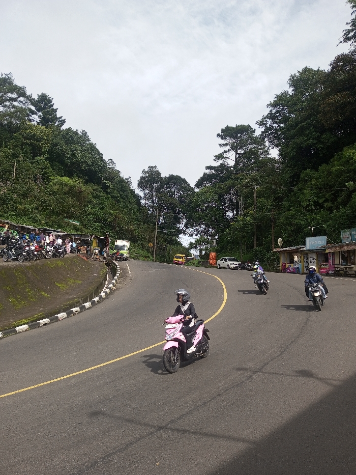 This image depicts a curved asphalt road traversing a heavily vegetated, hilly landscape identified as Sandamal Eliya, Sri Lanka, under an overcast sky during daylight hours. The road features a single solid yellow center line and a black and white striped curb delineating its left edge.
On the left side of the road, a raised earthen bank with green foliage leads to a series of approximately five informal roadside stalls or structures, characterized by various roofing materials. An estimated 15-20 motorcycles are parked in front of these stalls, where approximately 10-15 individuals are gathered, some standing, some seated. Further along this side, a light-colored box truck is visible.
On the right side of the road, dense trees cover an uphill slope. A building or larger stall with a partially visible blue sign, indicating "PKU CELL", is present. Multiple utility poles and power lines extend along this side. Beyond this point, a yellow utility vehicle and a white sedan are parked on the shoulder.
Three individuals are actively operating motorcycles on the road, all moving away from the viewer. In the foreground, a person wearing a black jacket, dark pants, and a gray full-face helmet rides a pink scooter/motorcycle on the left side of the yellow line. In the midground, two additional individuals are on motorcycles on the right side of the road; the first wears a light-colored helmet and jacket on a dark motorcycle, and the second wears a dark blue helmet and jacket on a dark motorcycle. Diffused light from the overcast sky casts subtle shadows on the road surface.
