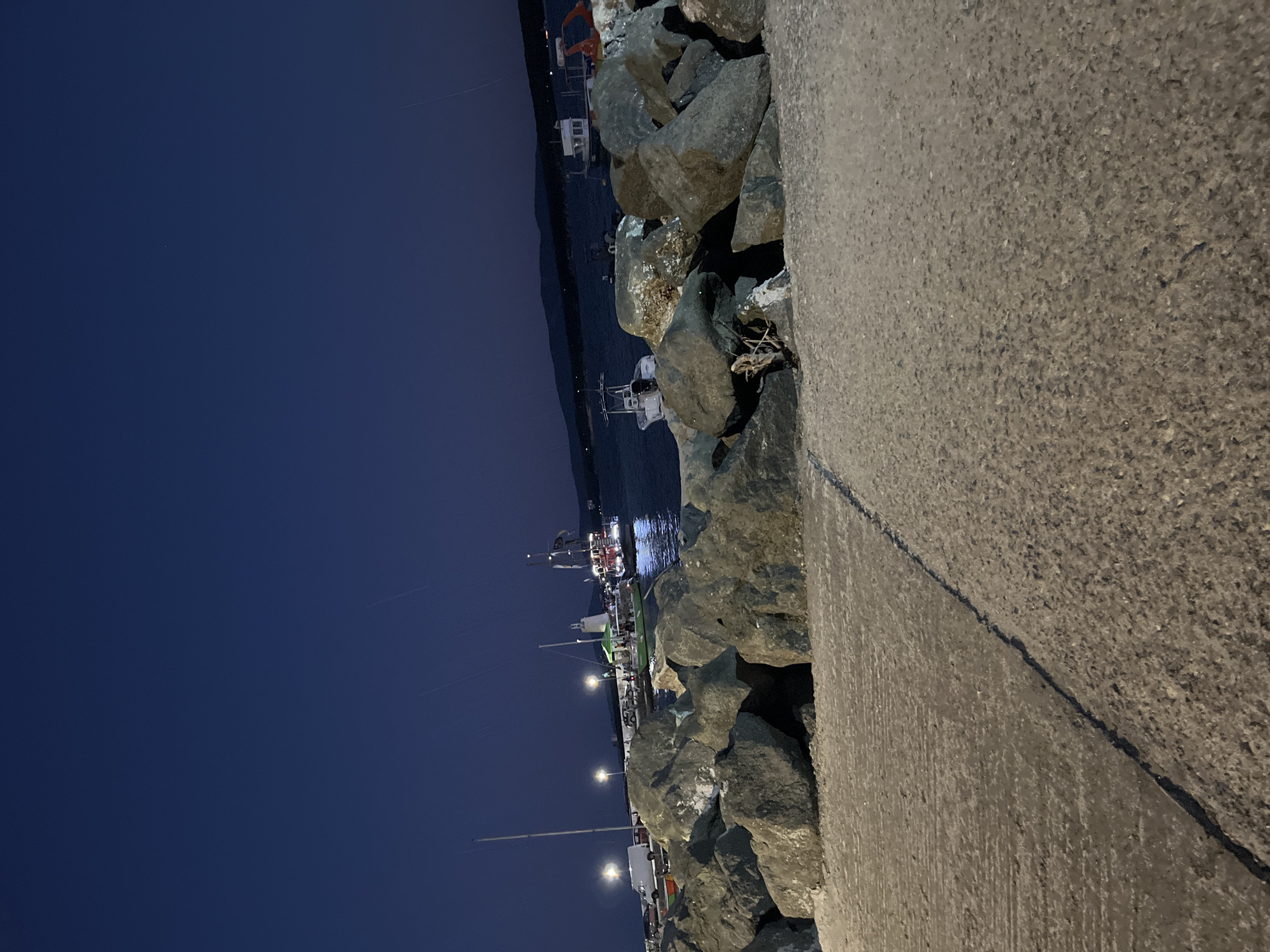 At night, a concrete path leads towards a harbor in Primorsko, Bulgaria. Large rocks form a breakwater on the right side of the path. Beyond the rocks, several boats are docked or at anchor in the dark water. One boat, a large, red vessel with multiple decks and illuminated windows, appears to be a tourist boat, possibly a pirate ship replica. Other smaller boats are also visible, some with lights on. The sky above is a deep, dark blue, with a few faint streaks that could be light trails or atmospheric phenomena. Distant hills form the horizon line. The overall atmosphere is calm and serene, illuminated by the artificial lights of the harbor and the boats.