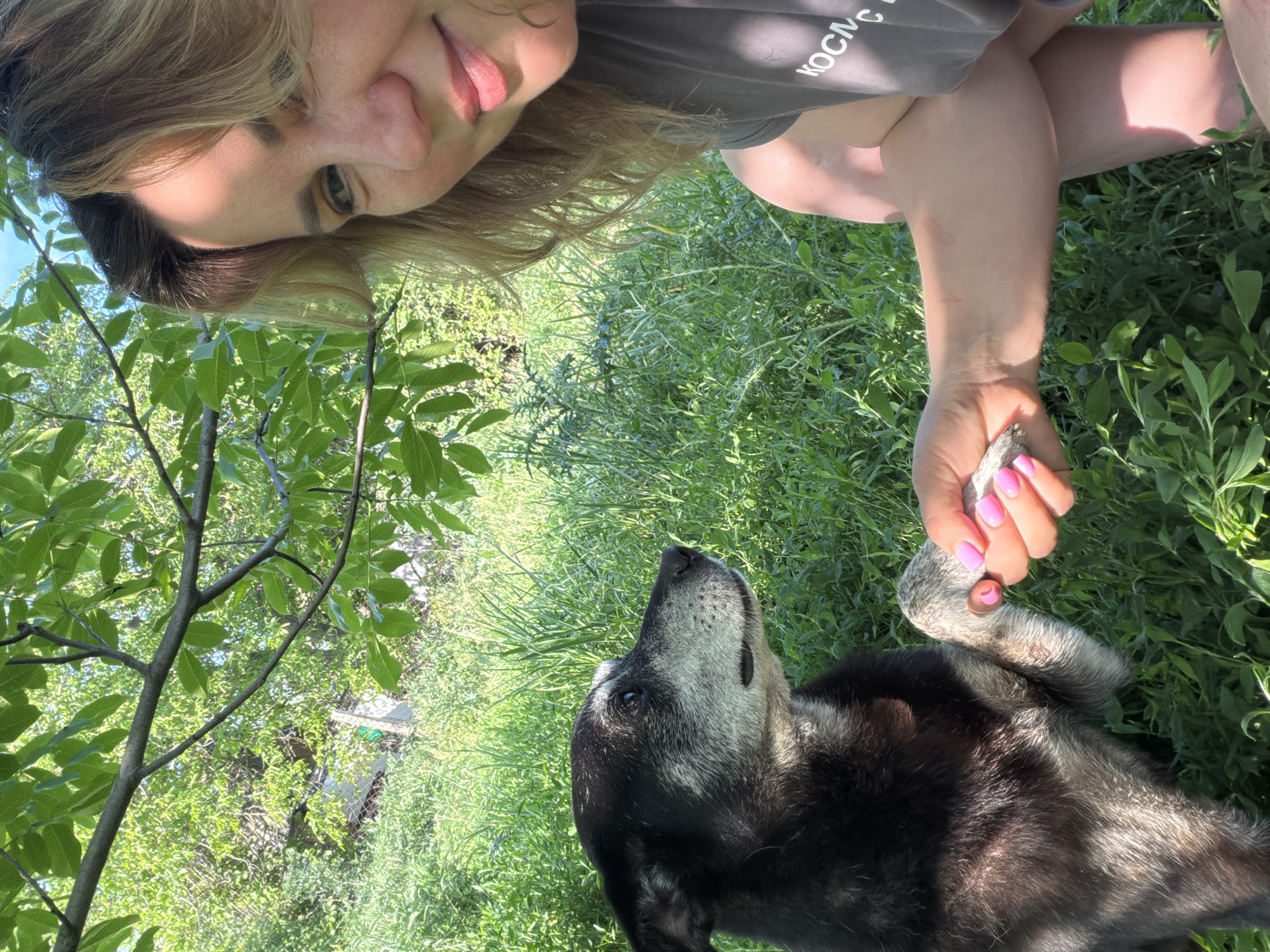 An outdoor scene in Leningradskaya, Russia, depicts an adult female interacting with a dog under a leafy tree canopy during daylight. The woman, positioned on the right, has blonde hair and is partially visible from the right side, looking towards the dog with a slight smile. She wears a dark grey t-shirt with partial Cyrillic text visible on the shoulder ("КОСМС"). Her right hand, featuring bright pink manicured nails, is holding the right paw of a medium-sized dog positioned on the left. The dog has black fur with a grey and white muzzle and chest, indicative of age, and is looking towards the woman's direction. Both subjects are on lush green ground covered in various grasses and plants. Overhead, a prominent tree branch with green leaves casts shadows, creating a dappled light effect. In the distant background, through the foliage, a wire fence and vague structures are visible.