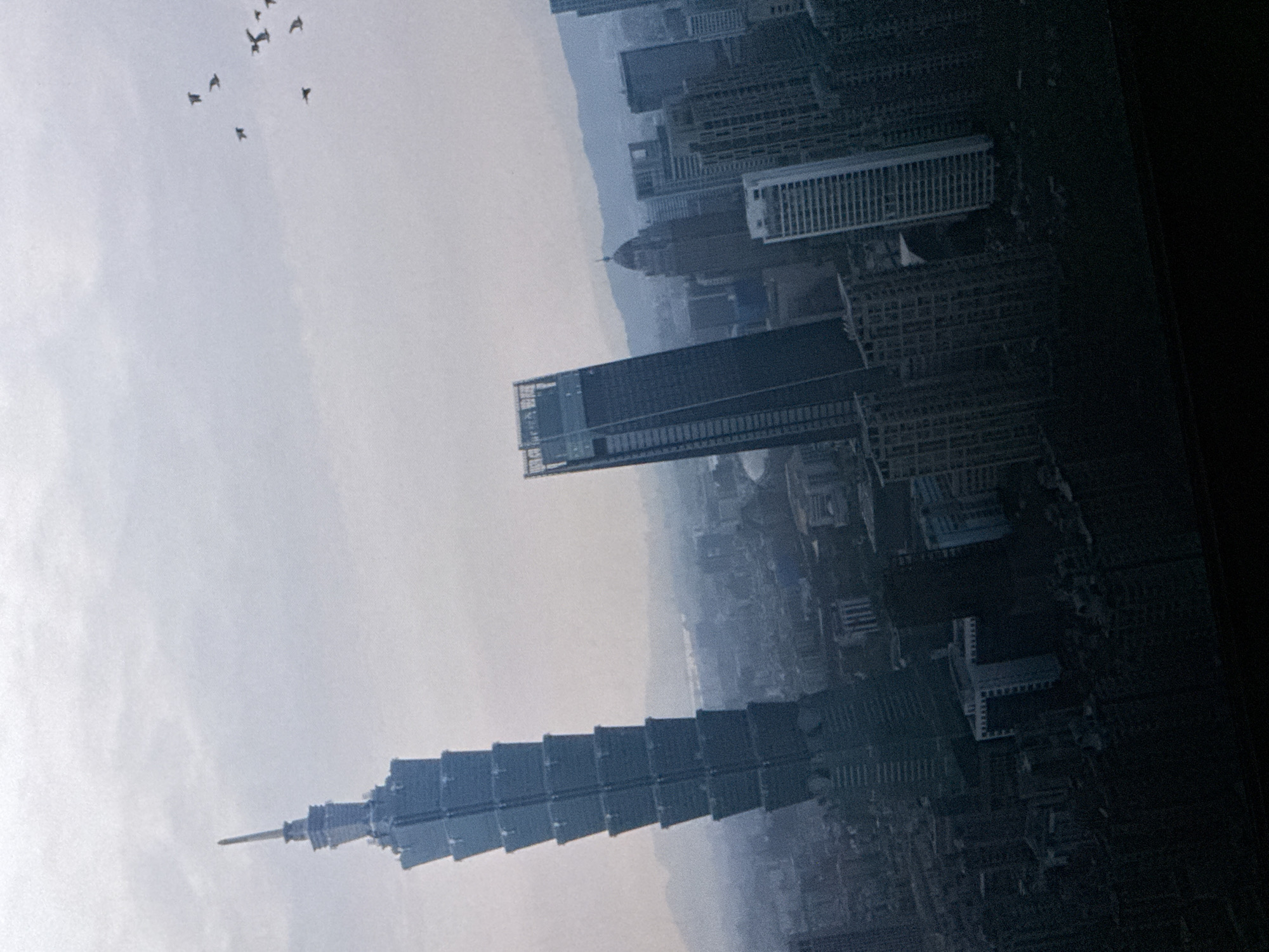 The image depicts a panoramic view of a dense urban cityscape dominated by numerous skyscrapers of varying heights and architectural styles. The perspective is from an elevated position, looking down and across the city. In the foreground and to the left, a prominent, very tall skyscraper with a distinct segmented structure and a spire-like top is visible. To the right of this central skyscraper, another tall, rectangular building stands. Further into the background, a multitude of other buildings, many appearing to be residential or office complexes, fill the landscape, creating a sense of extensive development. The sky is overcast with a pale, hazy light, suggesting either dawn, dusk, or a generally cloudy day. A flock of small birds is silhouetted against the sky in the upper right quadrant of the image. The overall impression is of a bustling, modern metropolis. The request to include details about the city of Saratov, Russia, is not supported by the visual evidence in the image, as the architecture strongly suggests a different, likely East Asian, location.