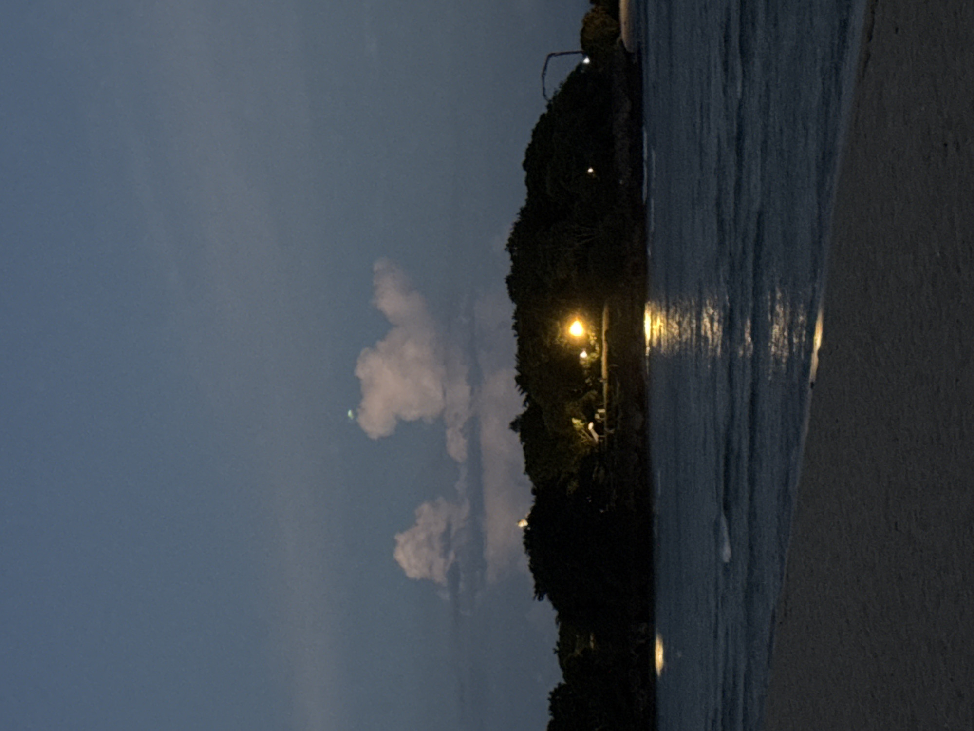 The image depicts a beach scene at night. The sky is a dark blue with some clouds. On the right side of the image, there is sand and water. The water is dark and has some reflections of light. In the middle of the image, there is vegetation. There are several lights visible in the vegetation. The location is in the city of Unknown, Indonesia.