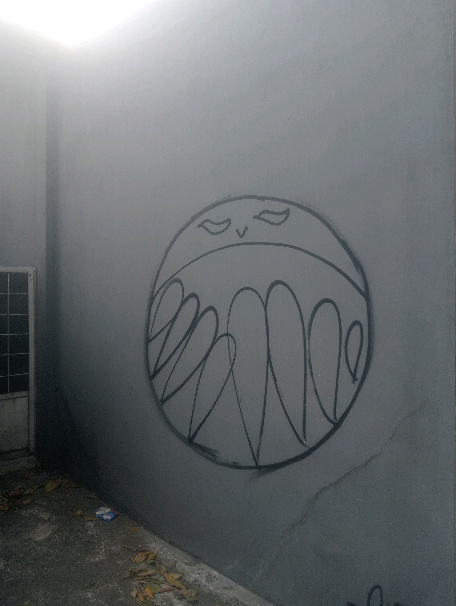 In East Jakarta, Indonesia, a wide, gray concrete wall features a black spray-painted graffiti of a round, mouth-like shape with an open, toothy appearance. The drawing has simple, curved lines for eyes and a nose. To the left of the wall, a white air conditioning unit is visible. The ground in front of the wall is a mixture of concrete and dirt, littered with dry leaves and a small piece of blue and red packaging. The lighting suggests it might be daytime, but the atmosphere appears dim or overcast.