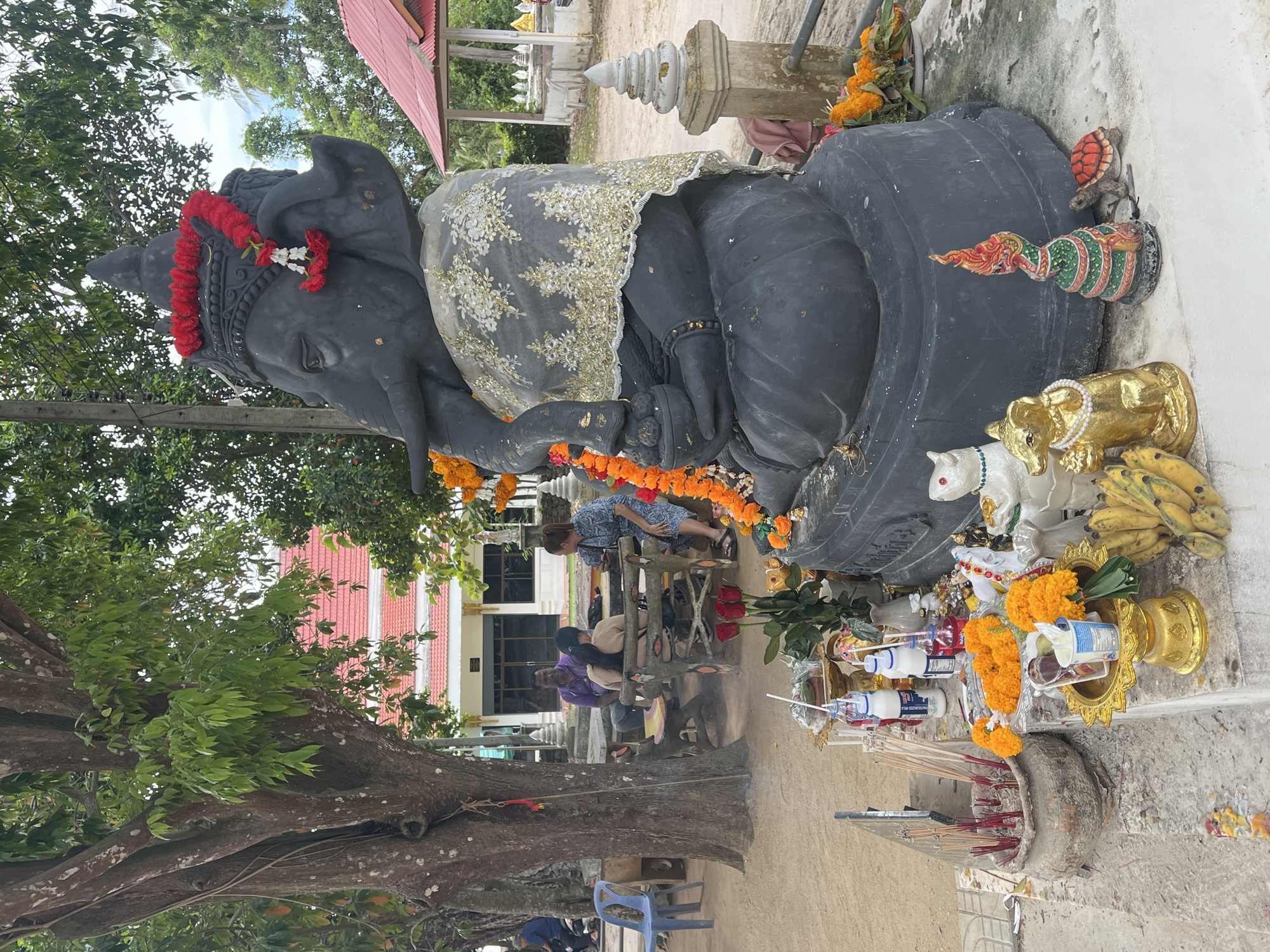 In the city of Ko Samui District, Thailand, a large dark gray statue of Ganesha, an elephant-headed deity, sits prominently. The statue is adorned with a garland of red and white flowers around its head and a white and gold embroidered cloth draped over its shoulder. In front of the statue, an altar is set up with offerings, including incense sticks in a pot, several bottles of drinks, and a tray of marigold garlands. Small figurines, including a golden mouse, a colorful Naga serpent, and a small turtle, are also placed around the altar. In the background, several people are seated at tables under a large tree. A white building with a red tiled roof and several trees are visible further in the background.