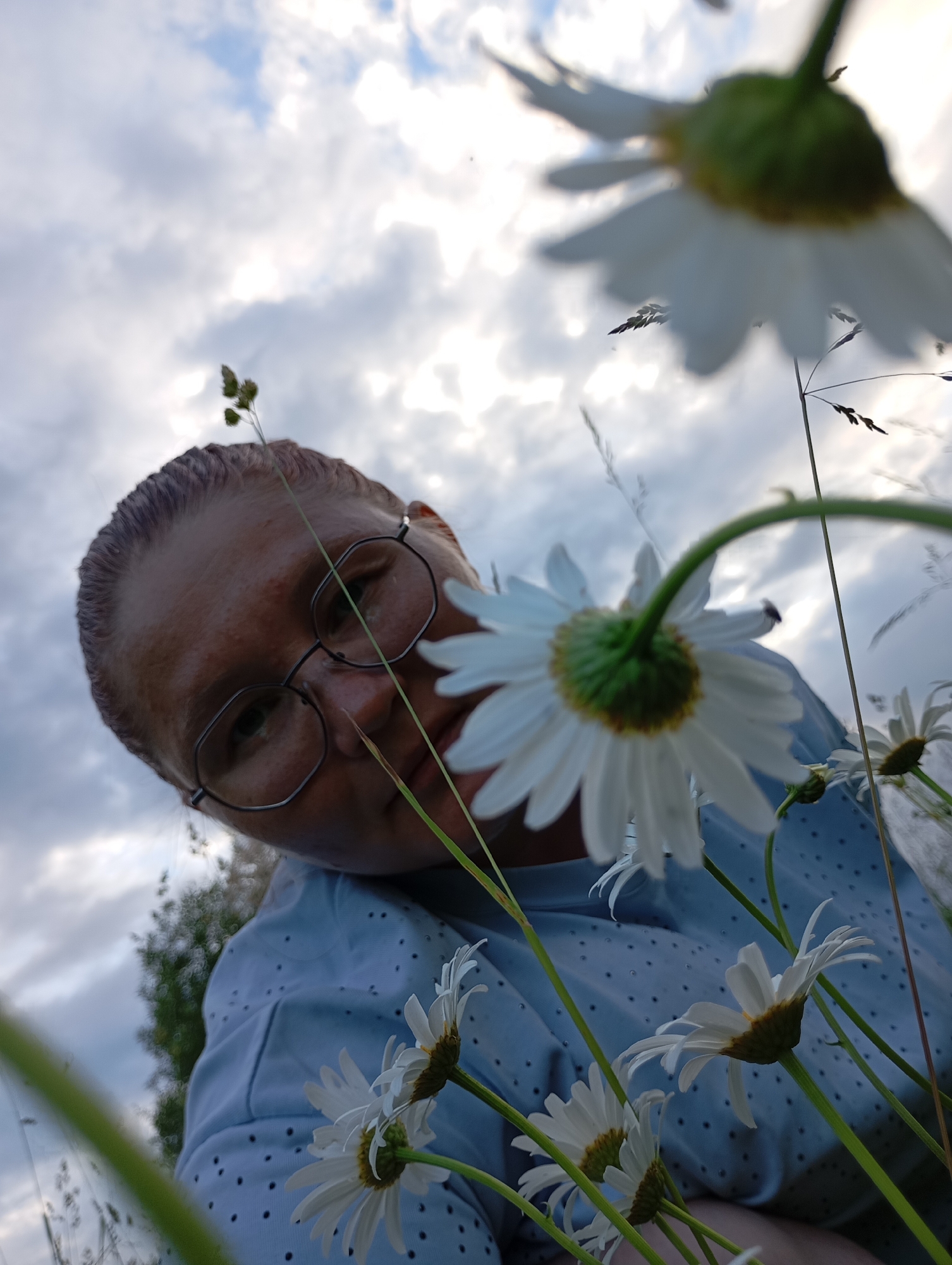 The image shows a low-angle, close-up shot of a person wearing glasses and a blue, polka-dotted shirt. The person is looking upwards and to the left, with a daisy in the foreground partially obscuring their face. Several other daisies and blades of grass are visible, with a cloudy sky in the background. The lighting suggests it is daytime, possibly overcast or late afternoon. The perspective of the camera is from the ground looking up, placing the viewer among the flowers. The scene appears to be outdoors, in a natural setting like a field or meadow. The overall mood is contemplative or curious, with the focus on the interplay between the person and the surrounding flora. The location is identified as Ryabki, Russia. No visible text is present in the image.