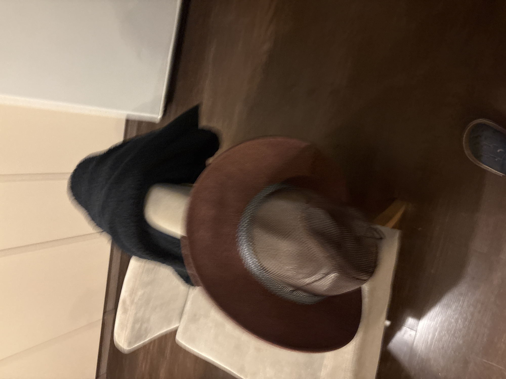 A wide-brimmed, reddish-brown hat with a woven crown is placed upside down on a light-colored, upholstered chair in an indoor setting. A dark, fuzzy fabric, possibly a scarf or shawl, is draped over the back of the chair. The floor is made of dark wood planks. A white vertical surface, likely a wall or appliance, is visible in the background. The lighting appears to be artificial and casting subtle shadows. A dark shoe is partially visible in the lower right corner of the frame. There are no people directly visible in the image. The scene is not specific to any particular location in the city of Orekhovka, Russia.