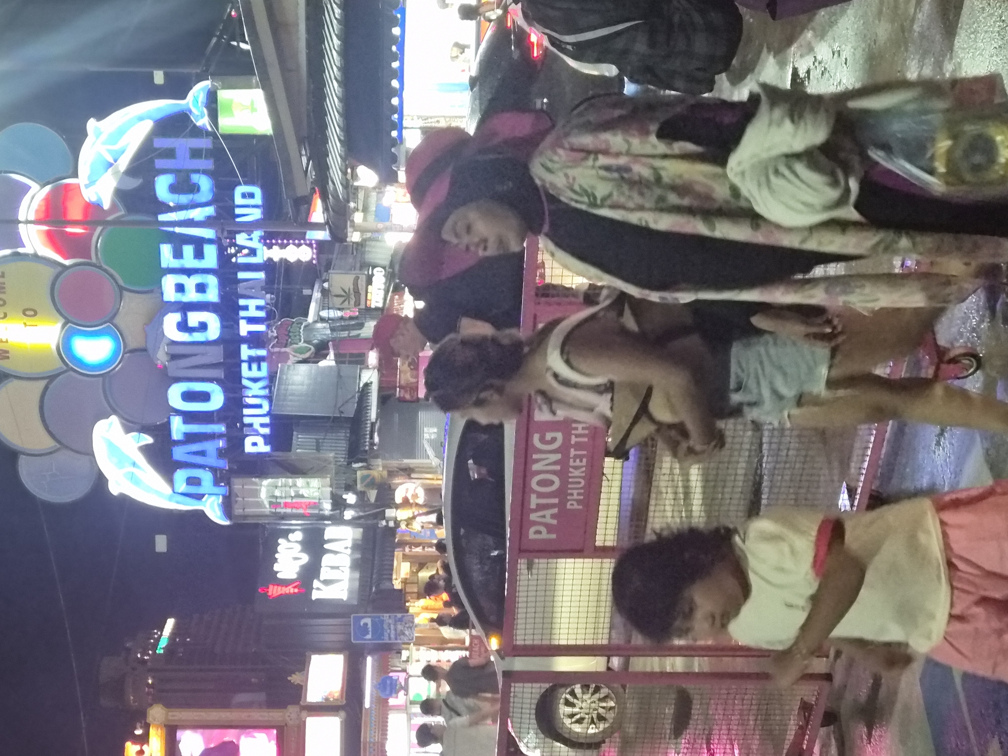 This is a night-time photograph taken in Patong, Thailand. The scene is a bustling street filled with neon signs and people. The image is oriented vertically, with the top of the frame appearing on the left.
The main focus in the foreground and midground is a large, blue neon sign that spells out "PATONG BEACH". A stylized blue dolphin jumps above the sign. To the right of this, a red sign reads "PATONG PHUKET THAILAND". Further down the street, other neon signs are visible, including one that says "KEBAB". There are several people in the scene, some walking and others appearing to be vendors or business owners. The individuals are dressed in casual clothing, and their faces are difficult to discern due to the low light and the orientation of the image.
The setting appears to be a vibrant tourist area, likely a street market or entertainment district. The presence of numerous signs in English suggests it caters to international visitors. The lighting is dominated by the bright neon of the signs, creating a colorful and energetic atmosphere typical of a lively night scene. The ground appears wet, suggesting recent rain or a damp environment. The overall mood is one of activity and commercial vibrancy.