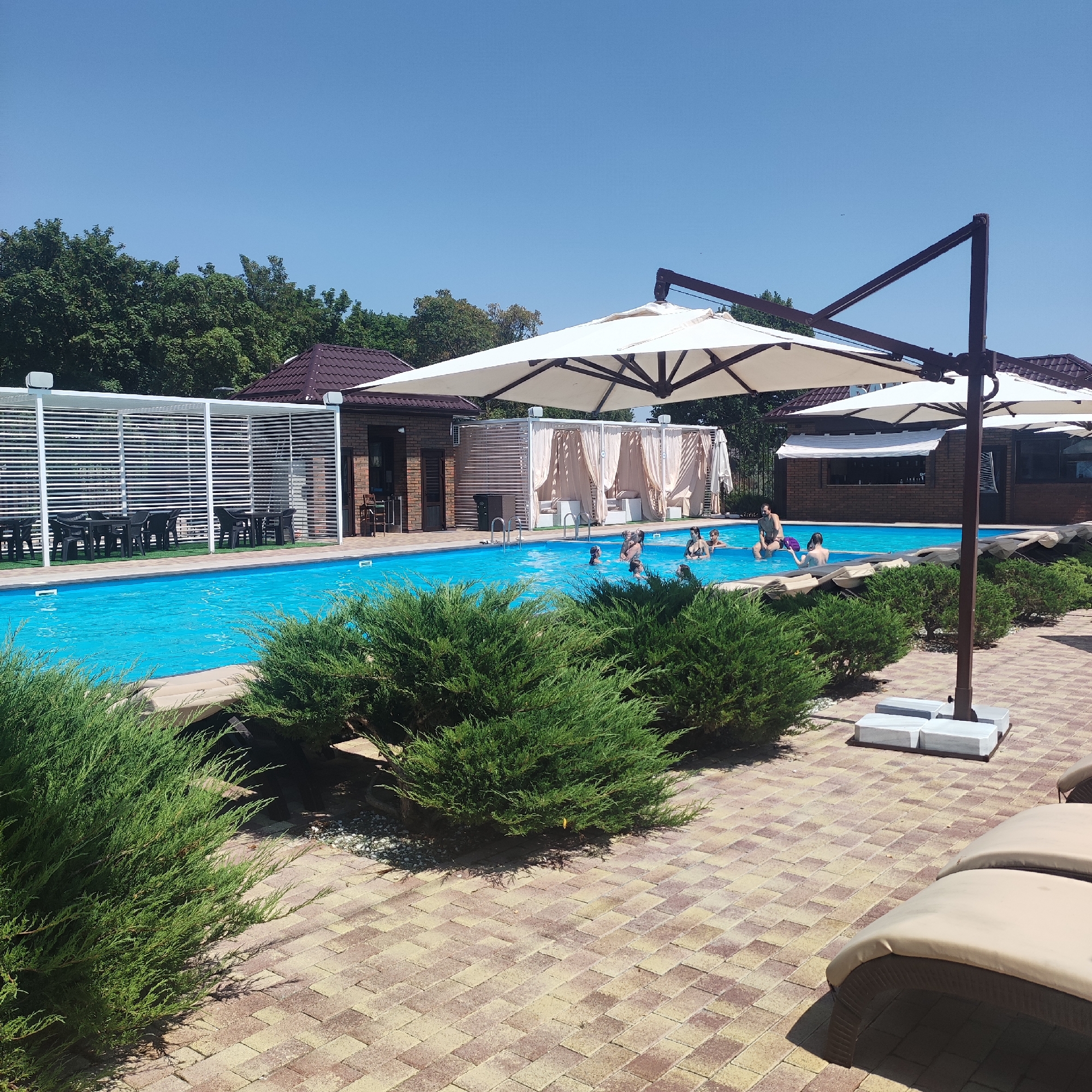 The image shows a swimming pool with several people in it, on a sunny day. The pool area is paved with light-colored bricks and surrounded by green bushes. There are several white umbrellas providing shade. In the background, there is a building with a brown roof, and some white structures with tables and chairs, possibly a cafe or restaurant. The sky is clear and blue.