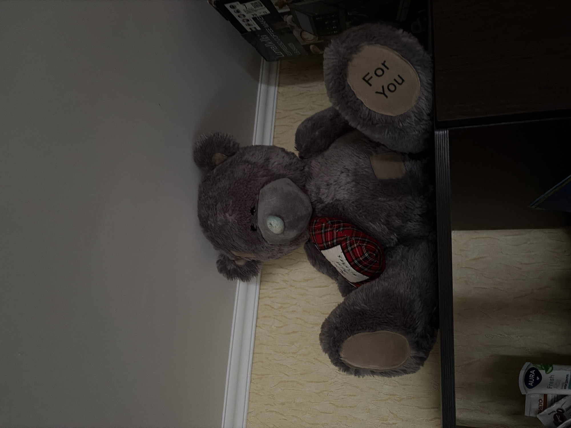A plush grey teddy bear with a red and black plaid heart is sitting on a shelf. The bear has a light blue nose and a label attached to its heart. The text "For You" is visible on the bear's right foot. Behind the bear, a textured yellow wall is visible. To the right of the bear, a black box with white text is partially visible. The shelf is dark brown and is positioned above other shelves that contain various items, including a white tube labeled "AURA Fresh Aloe". The scene appears to be indoors, possibly in a residential setting in Tambov, Russia.