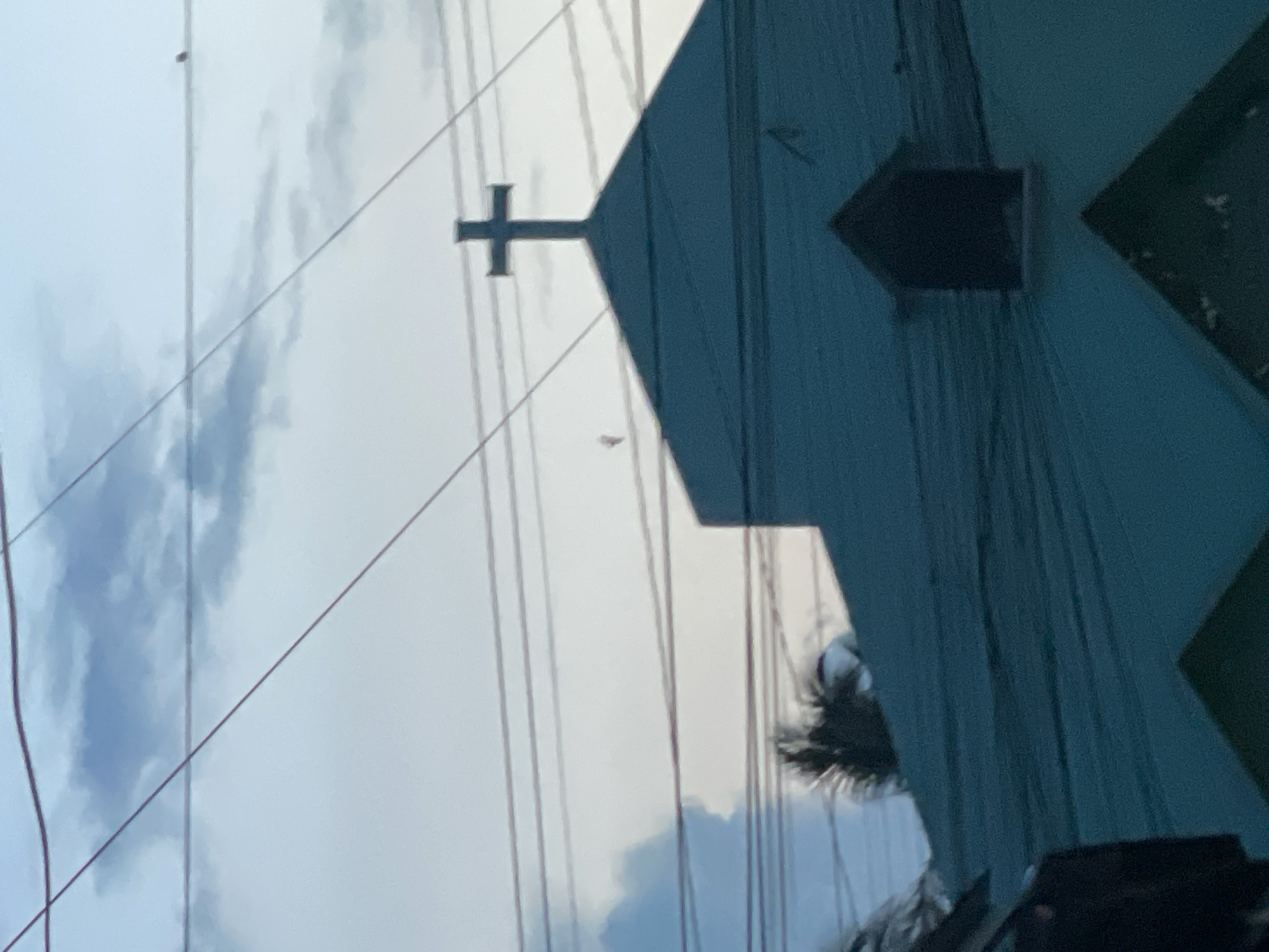 The image shows a cross atop a building in Davao City, Philippines. The sky is overcast with a few clouds. Several power lines run horizontally across the frame. The building appears to be a church or a similar religious structure, with a distinctive roofline and a dark, recessed window. There is a small, reddish object floating in the sky to the left of the cross. A portion of a palm tree is visible on the left side of the image. The overall scene suggests a daytime setting.