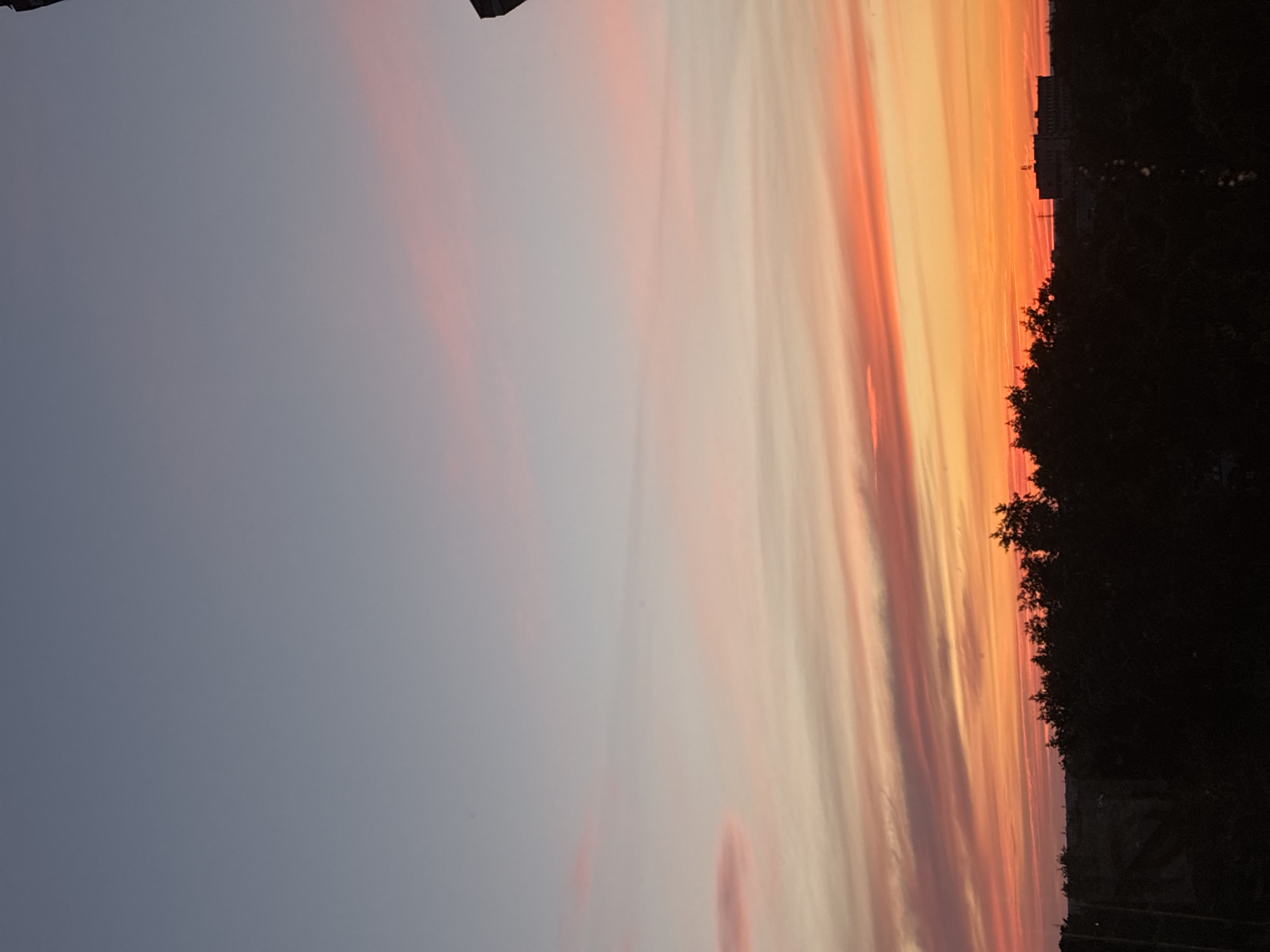 The image depicts a sunset over a silhouetted cityscape. The sky transitions from a pale blue at the top to vibrant oranges and pinks closer to the horizon. Streaks of clouds are visible, colored by the setting sun. In the foreground, a dense line of dark trees runs across the bottom of the frame, obscuring the ground. Behind the trees, several buildings are visible, appearing as dark shapes against the colorful sky. One building, to the right of the frame, is more distinct, with visible windows and a darker silhouette. A single antenna or tower is also present above the buildings. The overall impression is of a twilight scene in an urban or semi-urban environment.