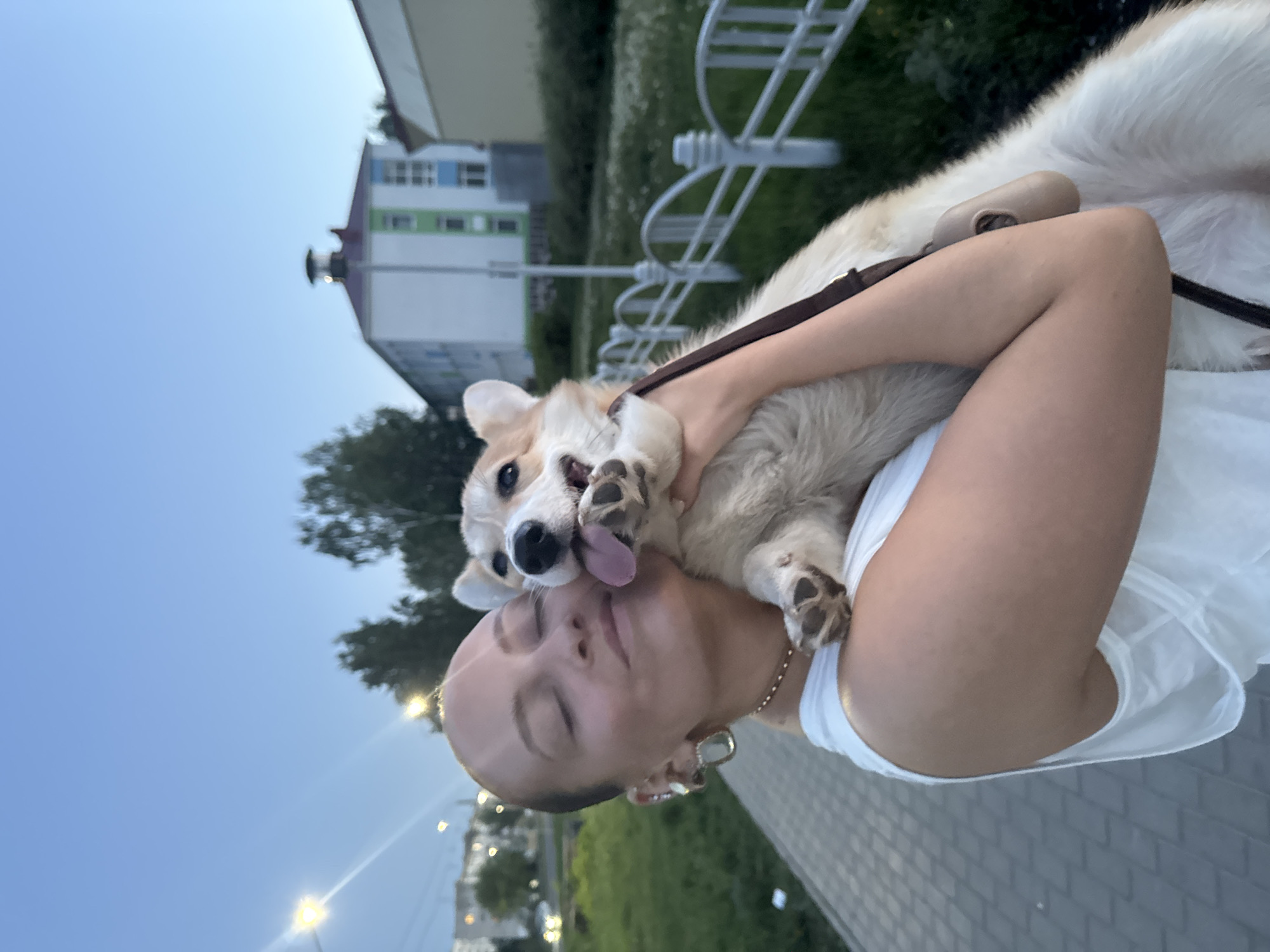 A woman is holding a dog up to her face. The dog is a light brown and white corgi with its tongue sticking out. The woman is wearing a white shirt and a gold necklace. She has short hair and is wearing earrings. The background is a building with green and white accents. There is a white metal fence in the background and trees. The location is the city of Chaikovsky, Russia. The photo was taken outside in the evening.