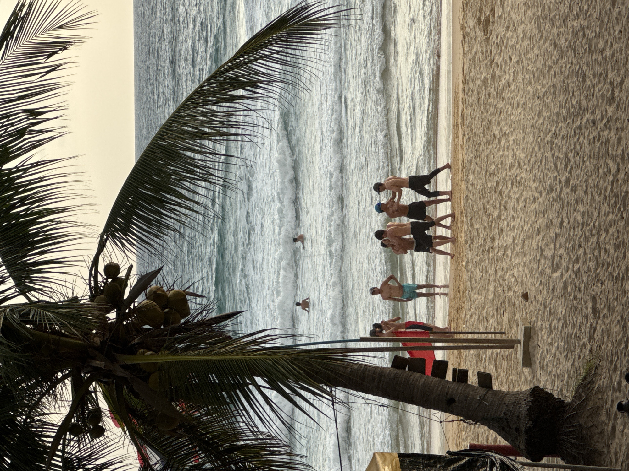 The image depicts a beach scene in Karon, Thailand, under an overcast sky. In the foreground, a palm tree with coconuts partially obscures the view of the ocean and a sandy beach. Several people are visible. On the beach, a group of men are gathered near the water's edge. Two of them appear to be sparring or playfully wrestling. Others stand nearby, observing. In the shallow water, a few individuals are wading or swimming. The waves are moderate, and the ocean stretches to the horizon. The overall atmosphere is relaxed and summery, characteristic of a beach destination.