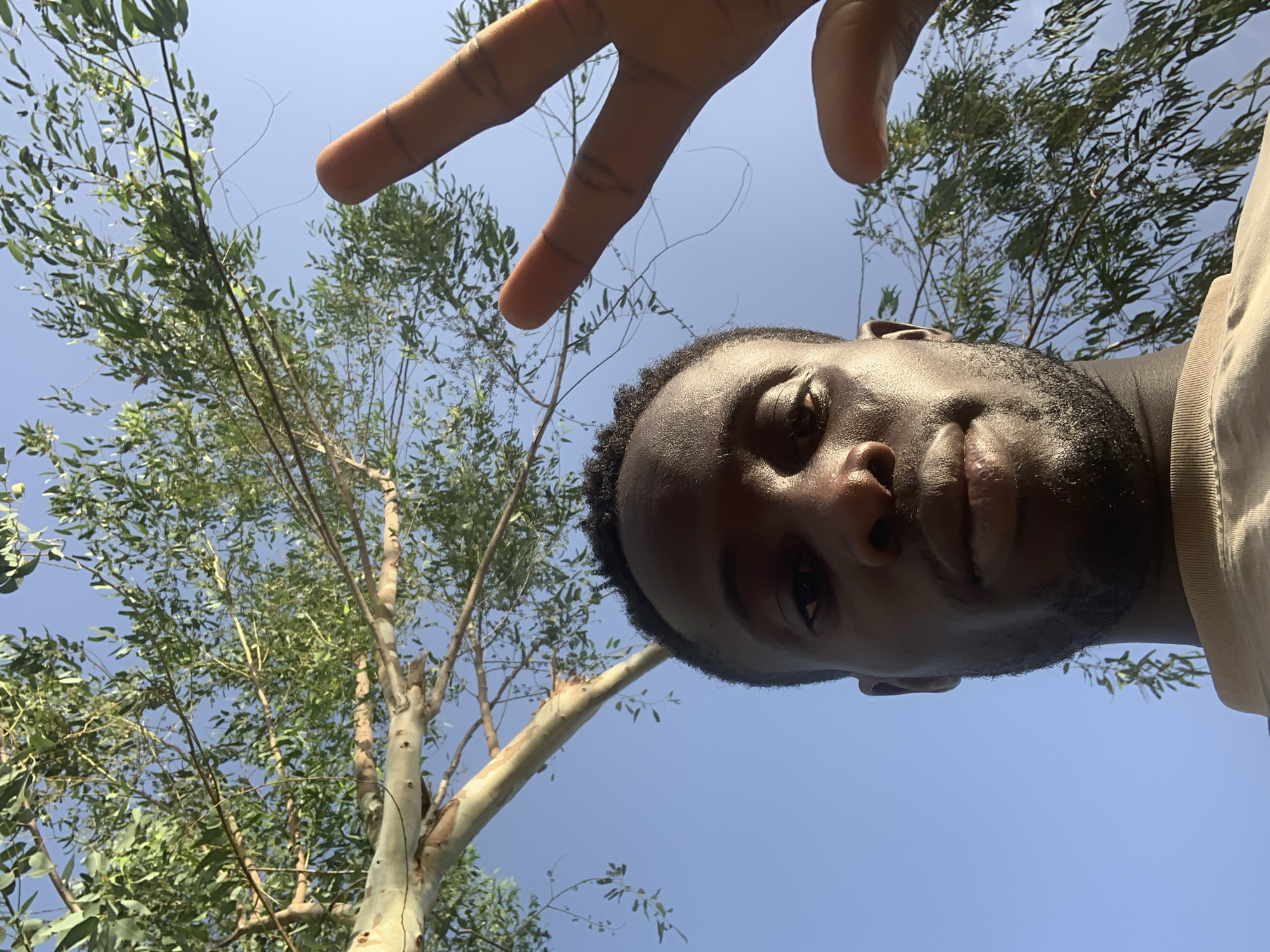 A low-angle selfie taken outdoors in daylight, featuring a dark-skinned man with short curly hair and a beard. The man is positioned in the lower right of the frame, with his face partially visible. His right hand is held above his head, fingers extended in a gesture. Behind him, a tree with slender branches and light green leaves fills the left side of the image. The background is a clear blue sky. The location is Gbeleko, Nigeria.