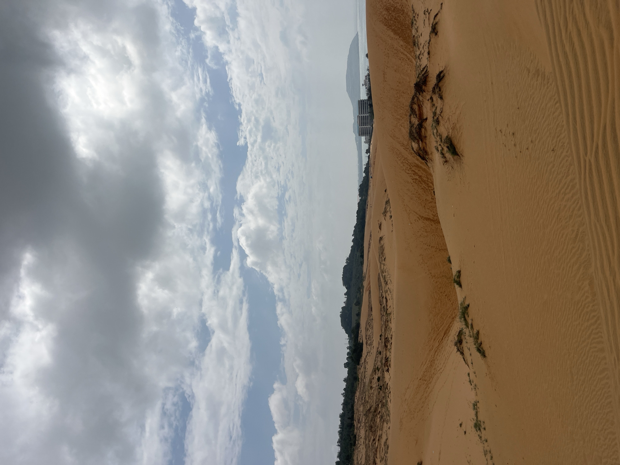 The image depicts a vast expanse of sand dunes in Mui Ne, Vietnam. The sand is a warm, orangey-brown color and exhibits distinct ripple patterns, indicative of wind erosion. Sparse patches of dry, green vegetation are scattered across some of the dune crests. In the distance, a line of green trees forms a natural border against the horizon, beyond which a body of water is visible, likely the sea. A multi-story building, possibly a resort or hotel, stands prominently near the shoreline, and a distant island or large landmass is silhouetted against the sky. The sky above is a mix of cloudy and clear patches, with large, grey clouds dominating the upper portion of the frame and lighter, scattered clouds towards the horizon. The overall scene conveys a sense of arid beauty and natural landscapes.