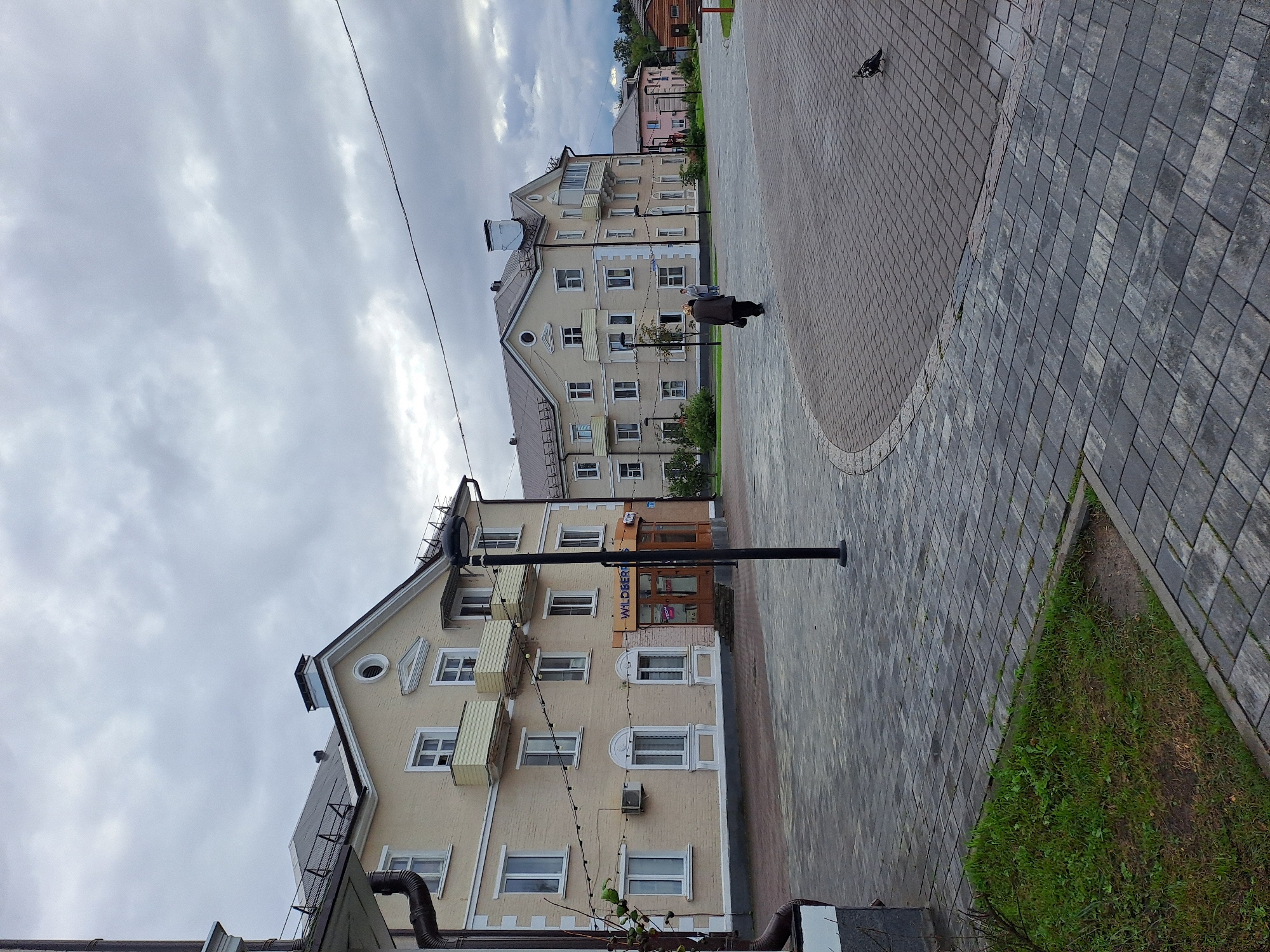 The image depicts a cloudy day in Elektrostal, Russia, on a paved town square. In the foreground, a person walks away from the camera towards a row of buildings. The buildings are multi-story structures with beige and pink facades, featuring numerous windows and balconies. One building on the left has a storefront with the "WILDBERRIES" logo visible. A lamppost stands prominently in the middle ground. The square is paved with grey interlocking stones. Further in the background, more buildings and trees are visible, with a dark, overcast sky overhead. A pigeon is present on the paving stones in the lower right portion of the image.